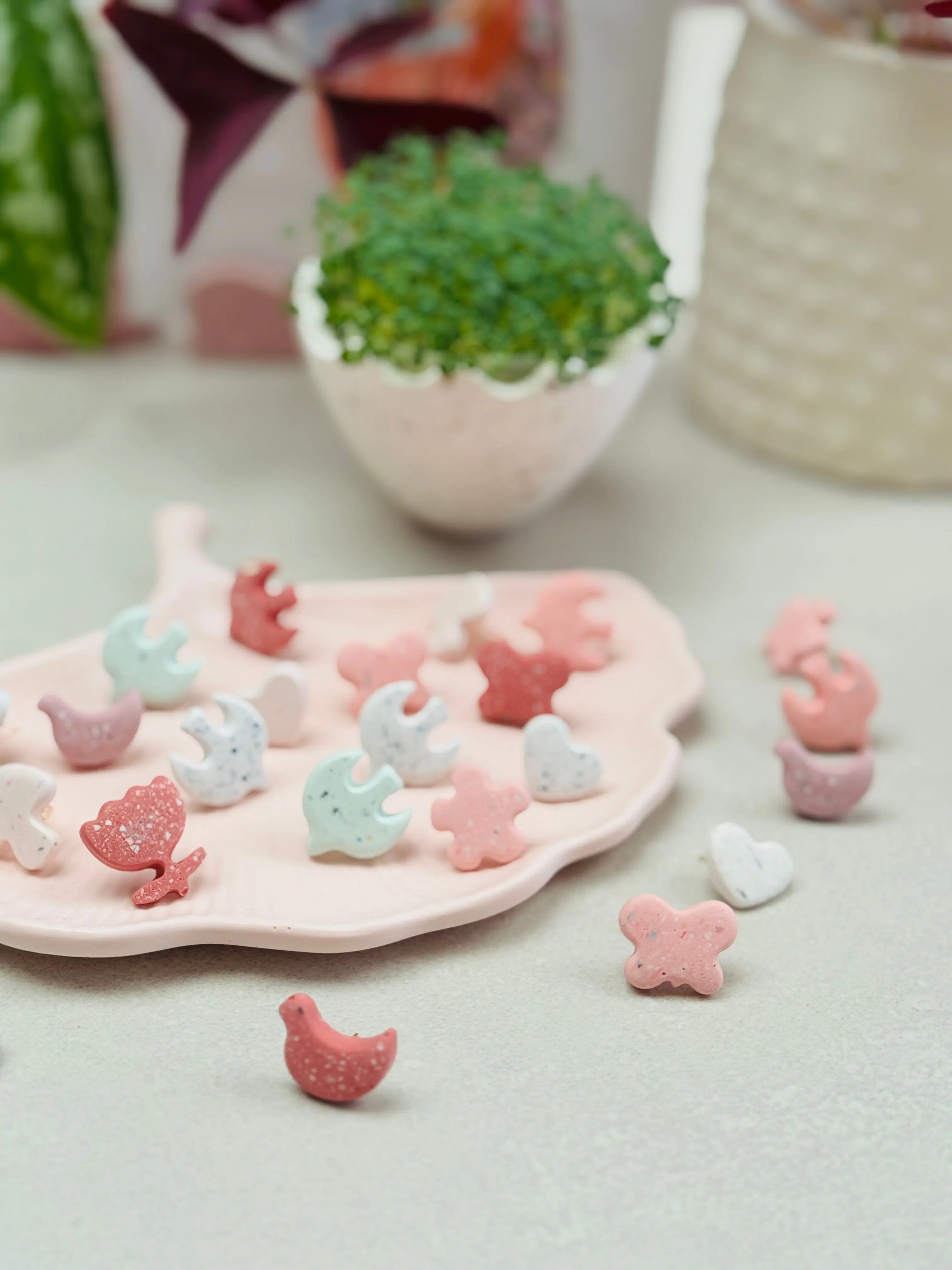 Jesmonite Terrazzo Stud Earrings | Mushroom, Flower, Dove, Heart, Butterfly | Coral Pink, Mint Green, Beige