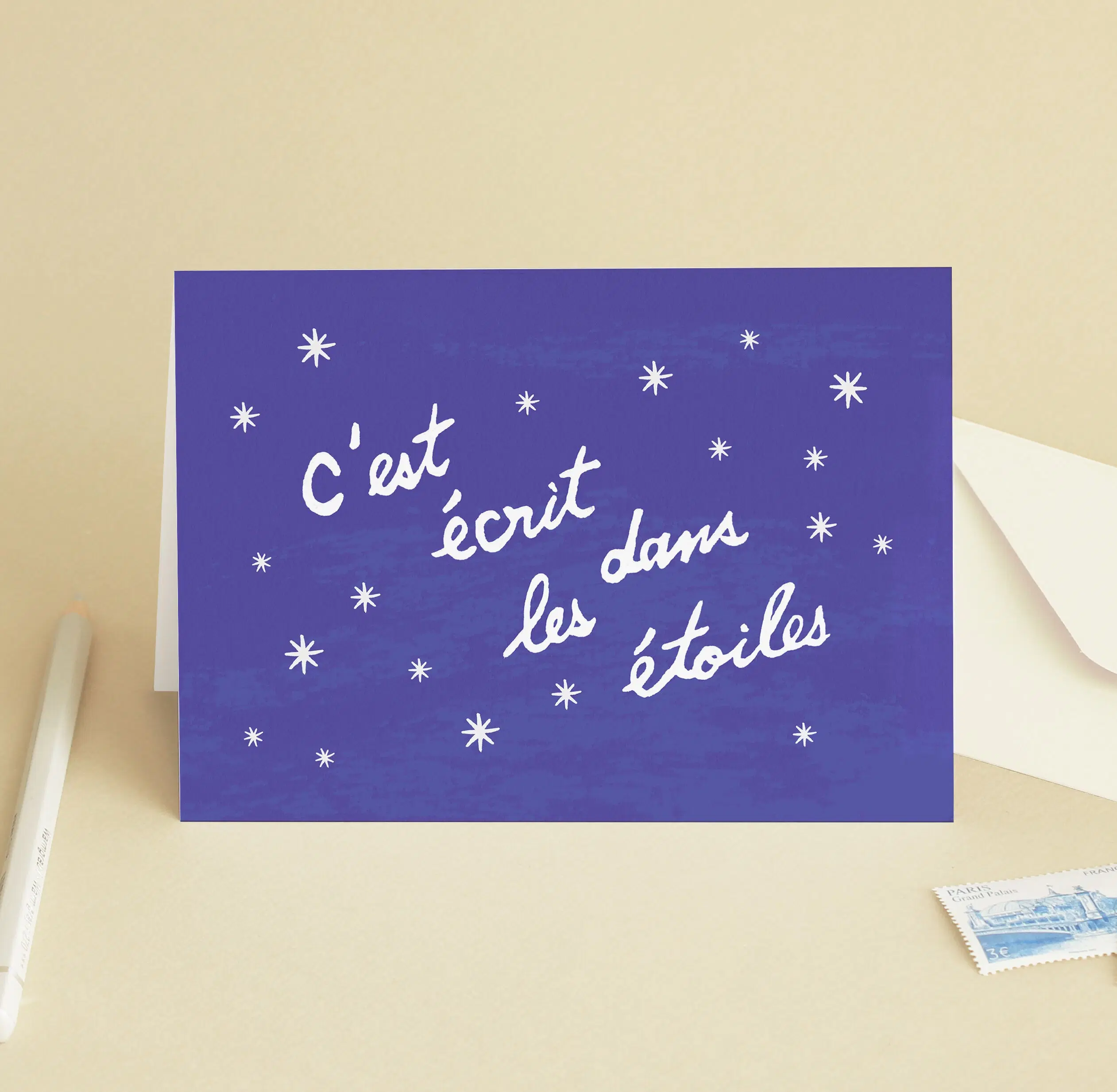 "It's written in the stars" Night Sky Greeting Card - Love, wedding, I love you, romantic, couple, lovers - Message in French