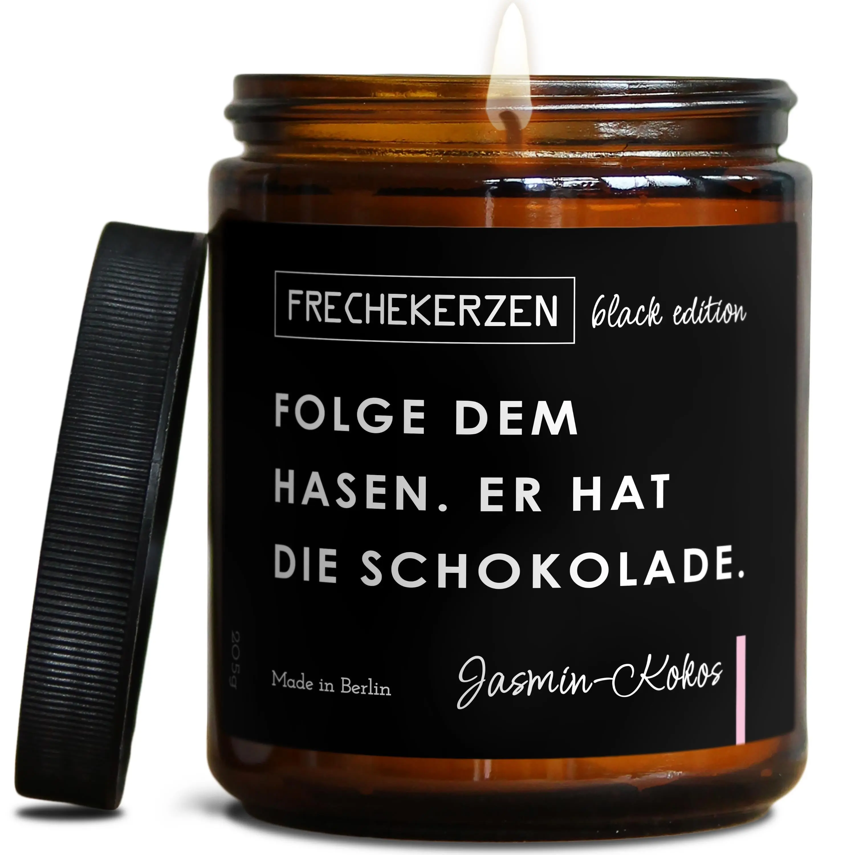 Candle with saying | follow the hare. he has the chocolate.