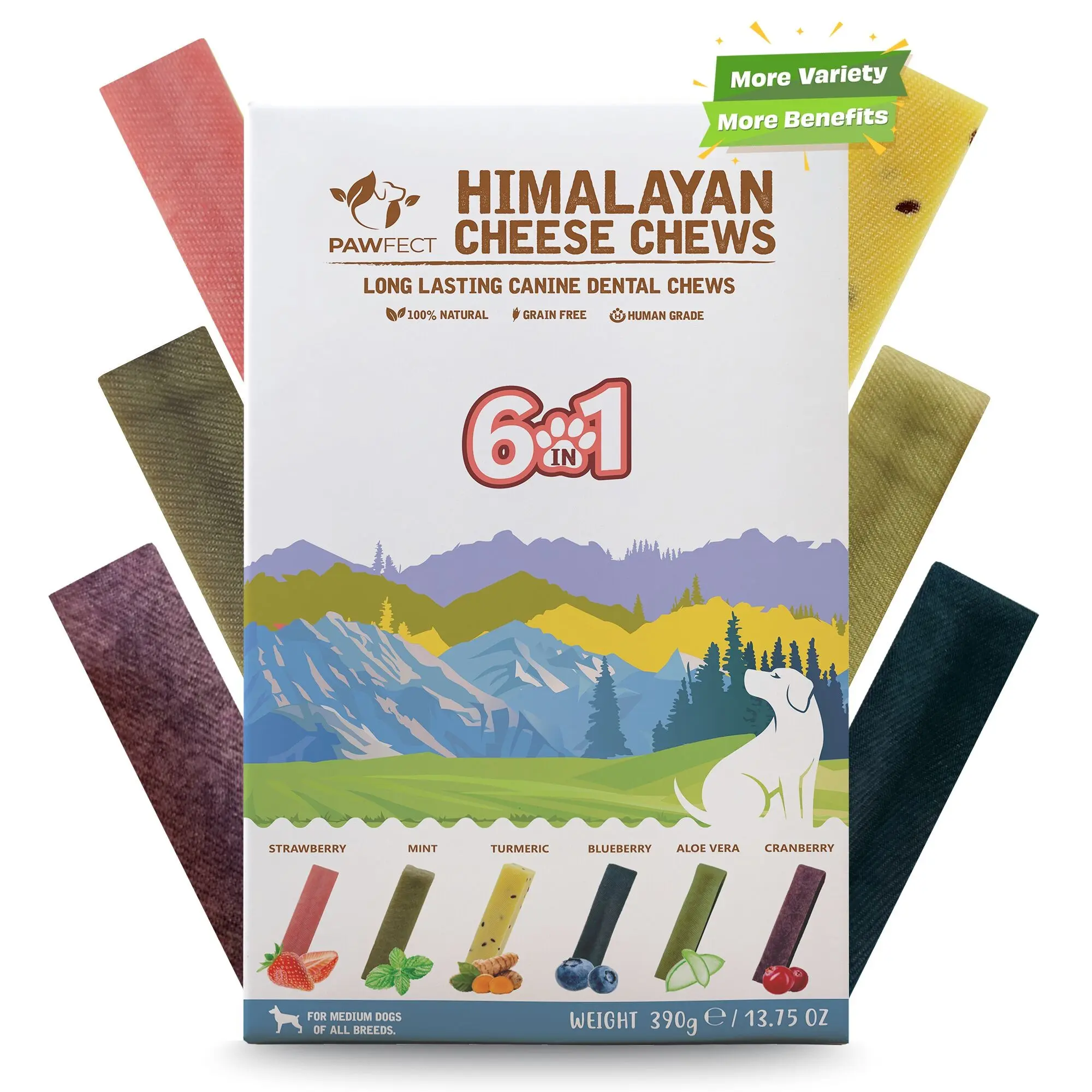 Pawfect Himalaya-Käse-Kauartikel für mittelgroße Hunde | 6er-Packung mit verschiedenen Sorten | Erdbeere, Blaubeere, Cranberry, Aloe, Kurkuma, Minze | Getreidefreie, rein natürliche, lang anhaltende Zahnkauartikel (390 g/13,5 g).76 oz)
