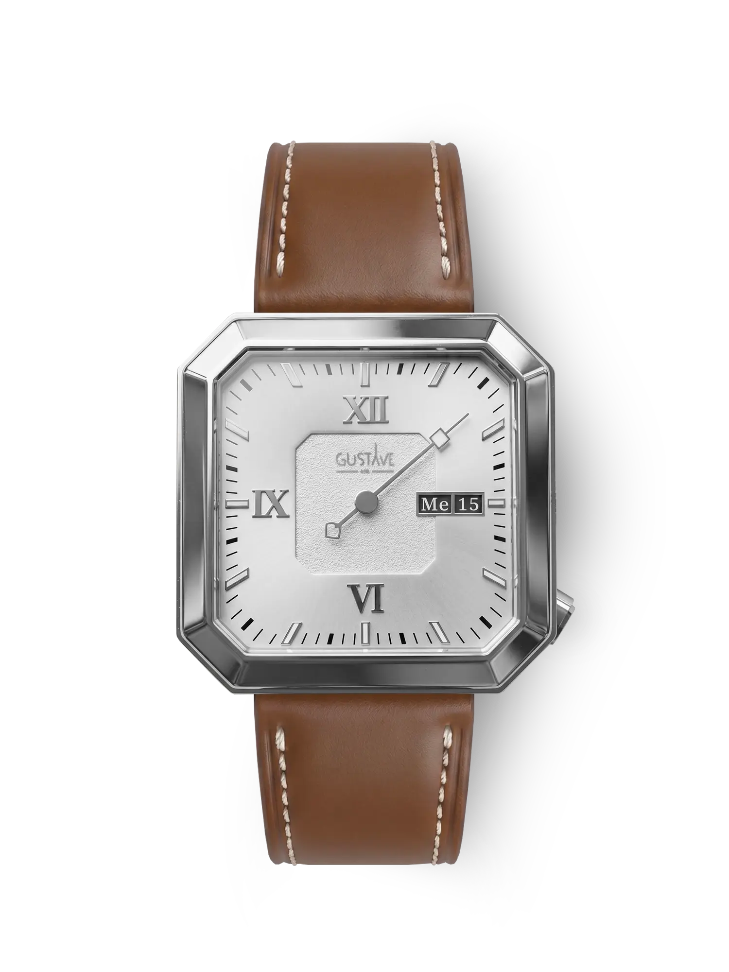 Marie 12H Silber- und Weißuhr – 34 mm braunes genähtes Lederarmband