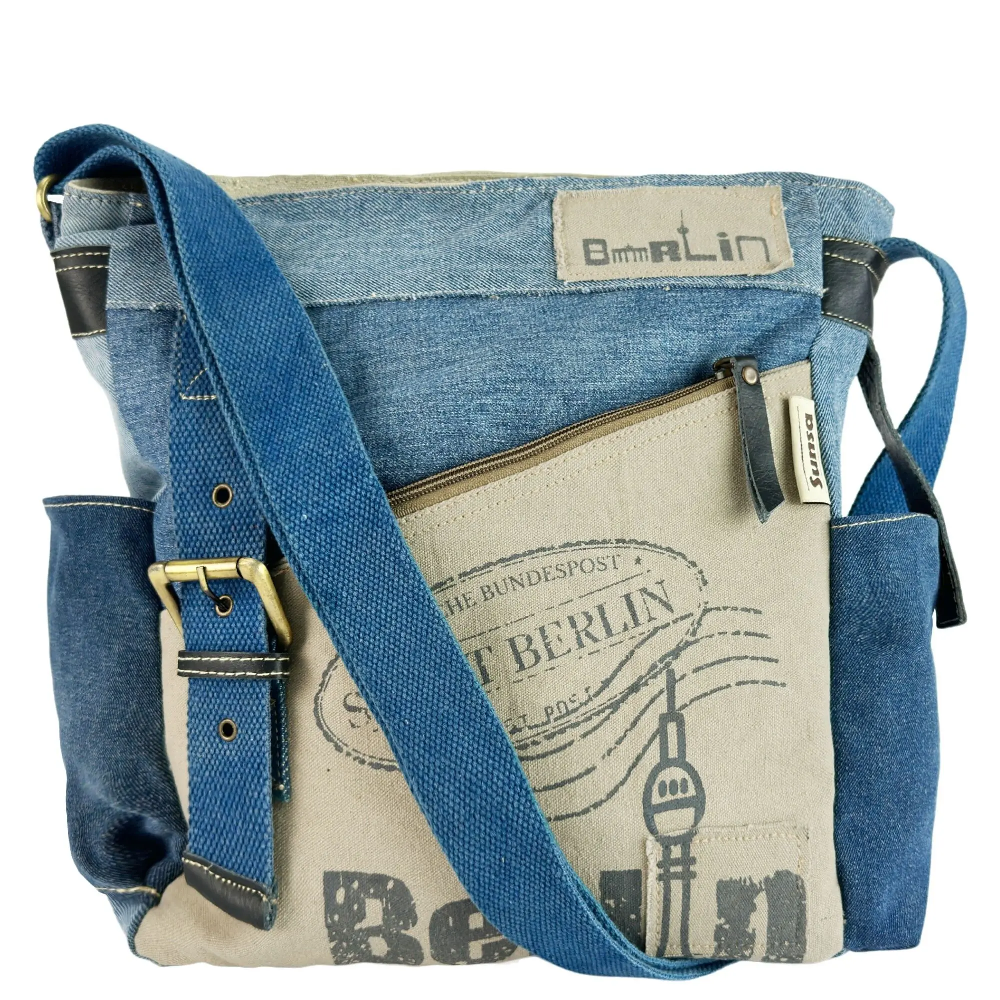 Sunsa Umhängetasche. Crossover Tasche aus Jeansstoff, Canvas & Leder. Große Schultertasche mit Berlin Design