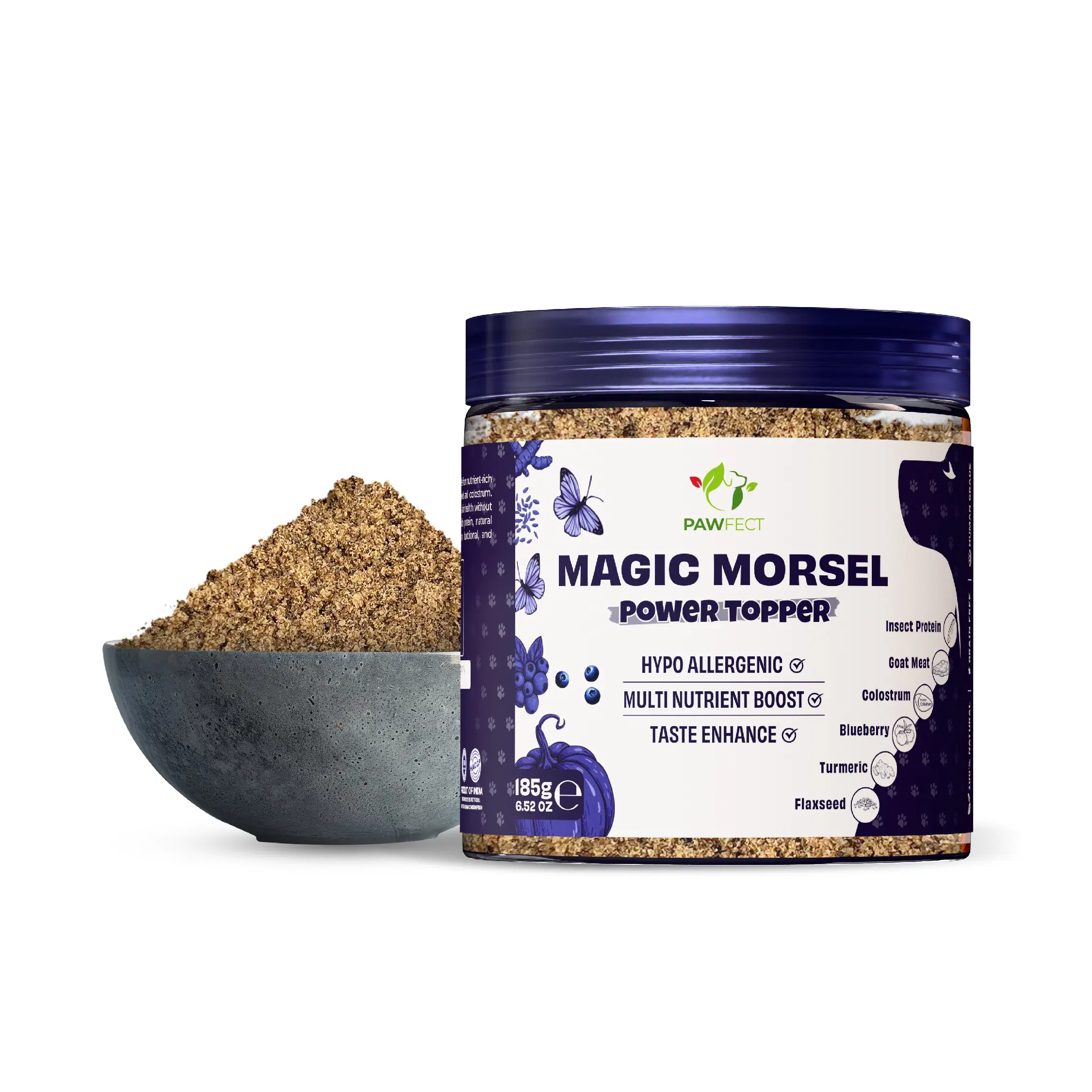 Pawfect Magic Morsel Tägliches Futter-Topper für Hunde | Hypoallergen | Insektenprotein und Ziegenfleisch | Leinsamen, Kurkuma, Kolostrum und Blaubeeren | Unterstützung für Immunsystem, Verdauung, Haut und Fell (185 g/6,5 g)52 oz)