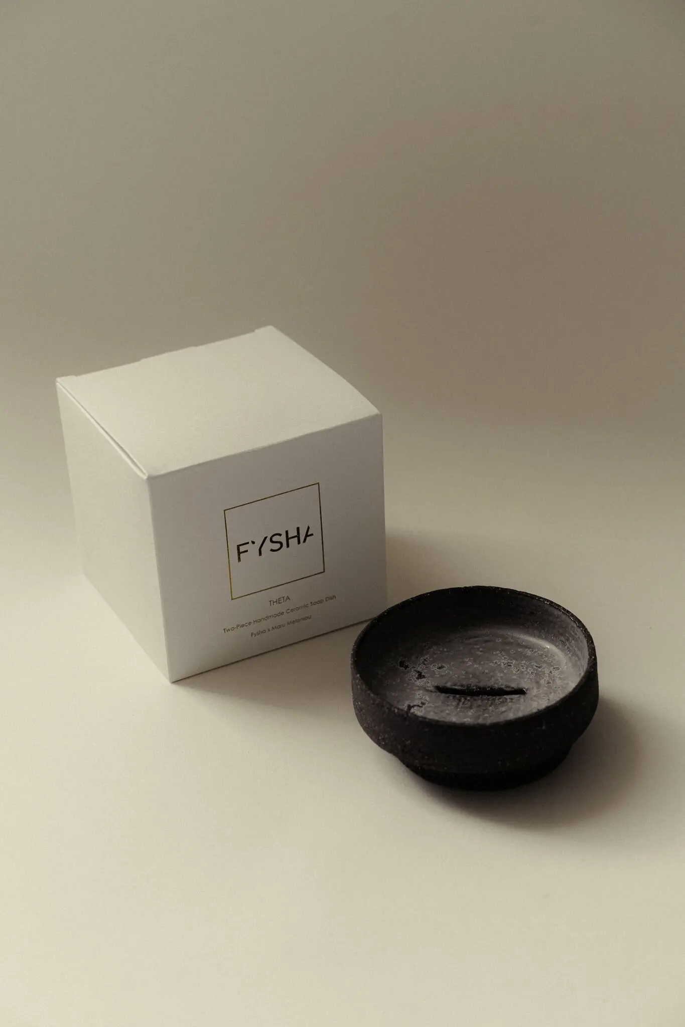 Theta two-piece handmade charcoal ceramic soap dish