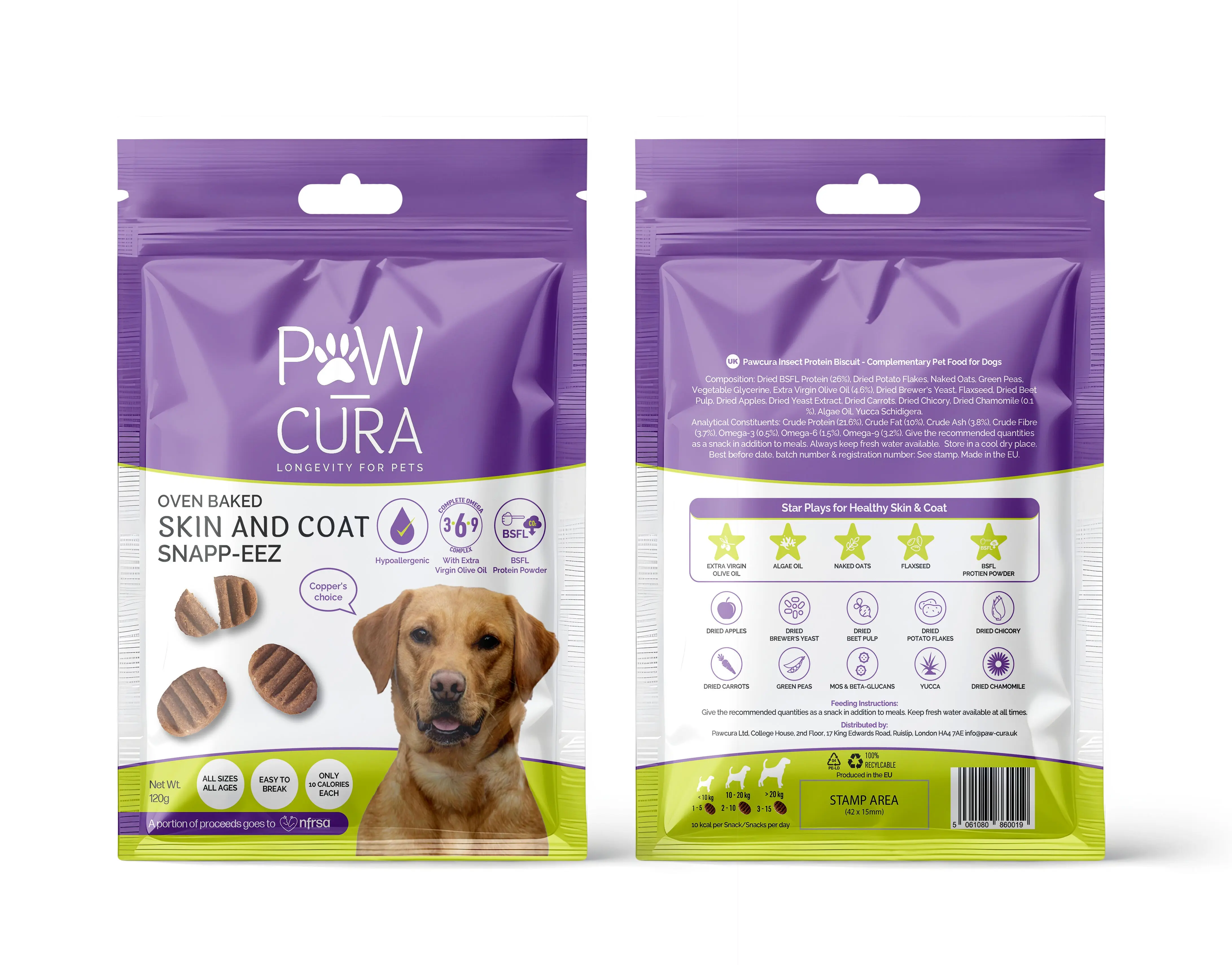 Paw-Cura Skin & Coat Snapp-Eez - Premios hipoalergénicos para perros con proteína de insectos (120 g)