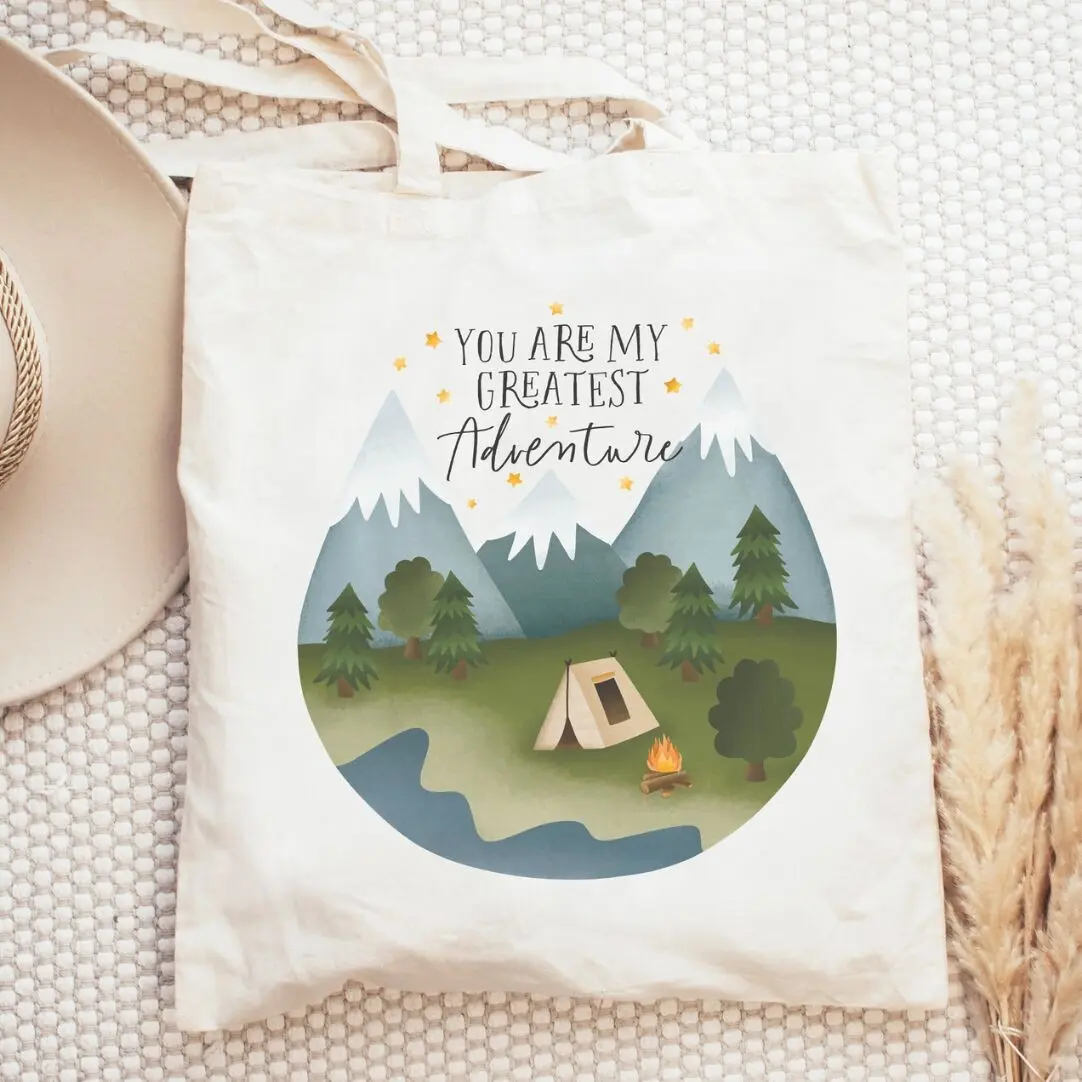Sac en tissu voyage camping "You Are My Greatest Adventure" tente montagnes - cadeau plein air couple - sac en jute camping sac bibliothèque