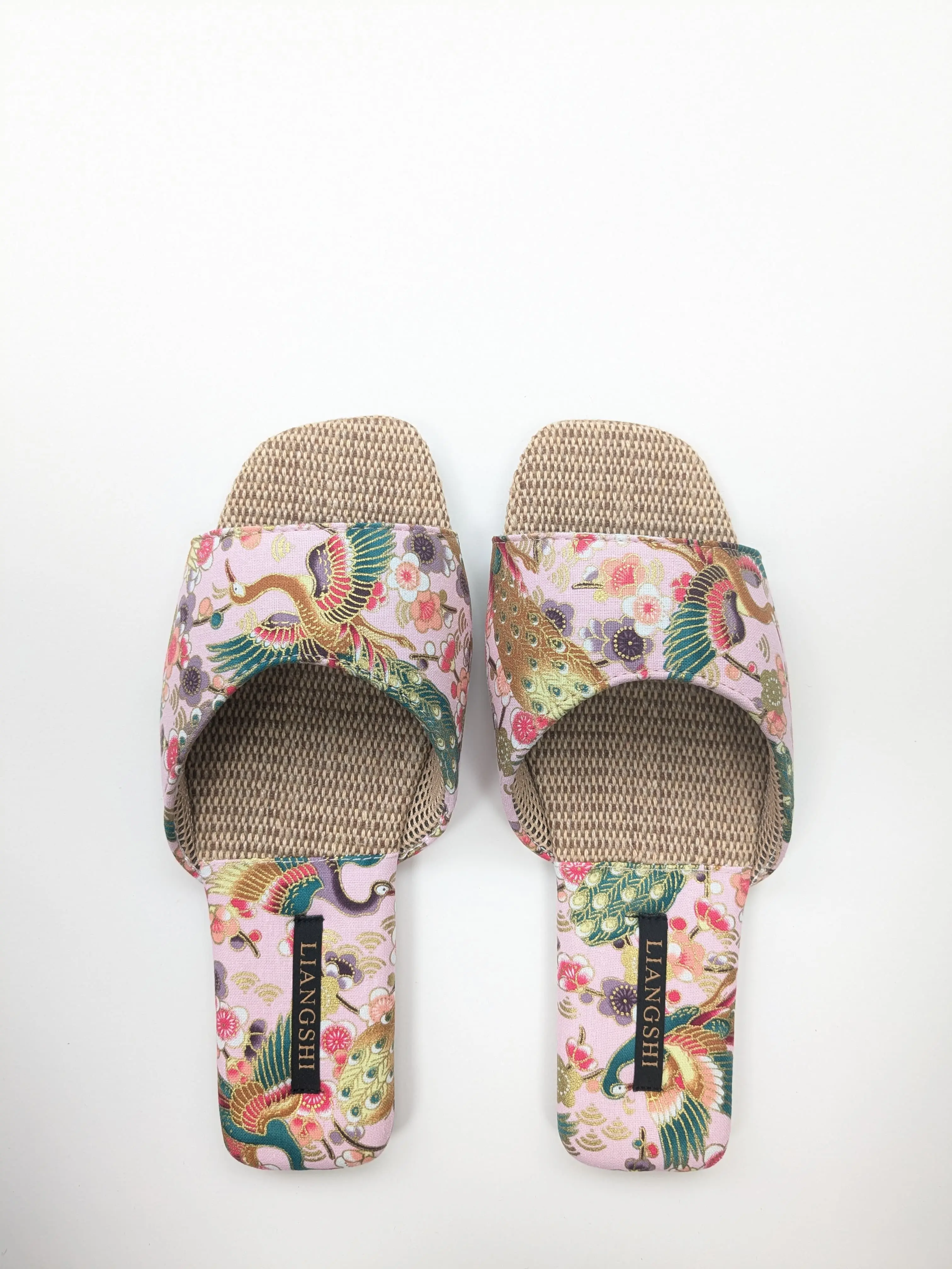 Pink Embroidered Crane Slippers – Women’s Indoor Bamboo Sole Slides with Open-toe (EU 36–41) - Pink