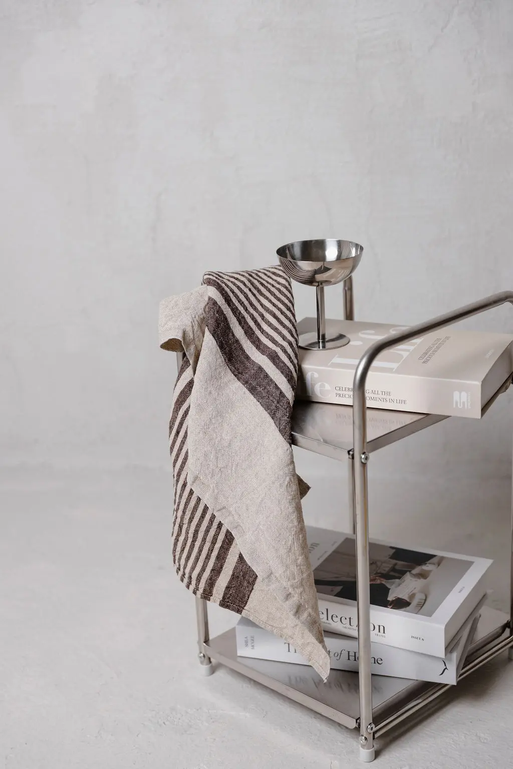 Linen Tea Towel  (dish towel)  with contrast detail / Mocha stripes