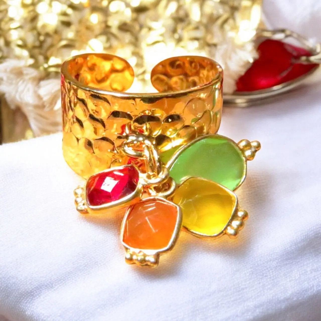 Fine gold gilded "MARION" ring with Garnet and green, yellow and orange Chalcedony stones