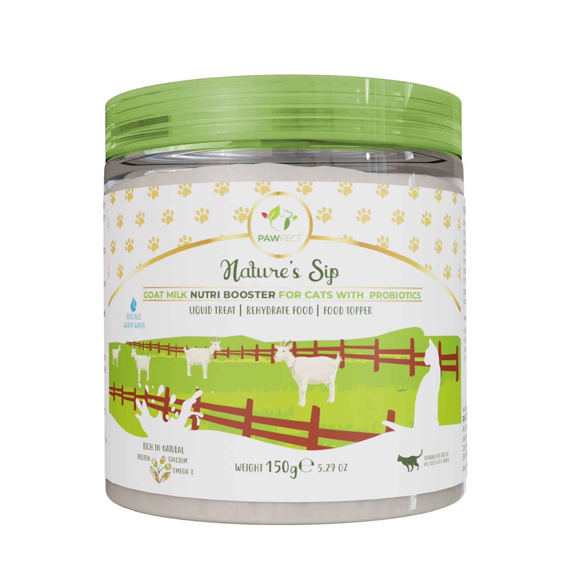 Pawfect Nature's Sip Ziegenmilch-Nutri-Booster-Pulver für Katzen | 100 % natürlich | Rehydrierendes Futter | Probiotisches Milchergänzungsmittel | Immunitätsverstärker | Futter-Topper | Flüssiger Leckerbissen (150 g/5.29 Unzen)