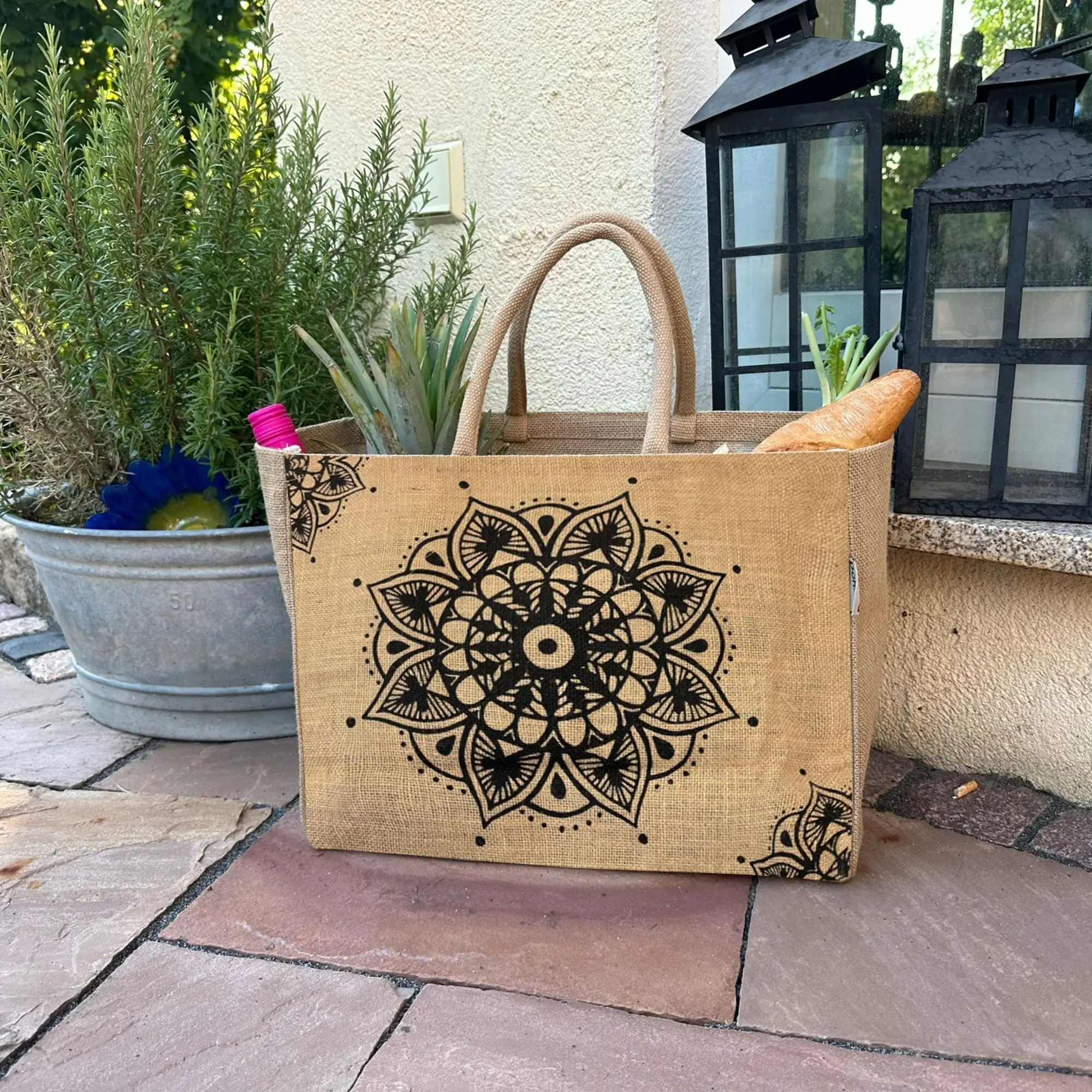 Domelo Jutetasche Einkaufstasche. Jute Shopper Tasche. Große wasserabweisenden Einkaufskorb/ Strandtasche . Badetasche XXL/ Shopping bag Geschenke für Frauen.