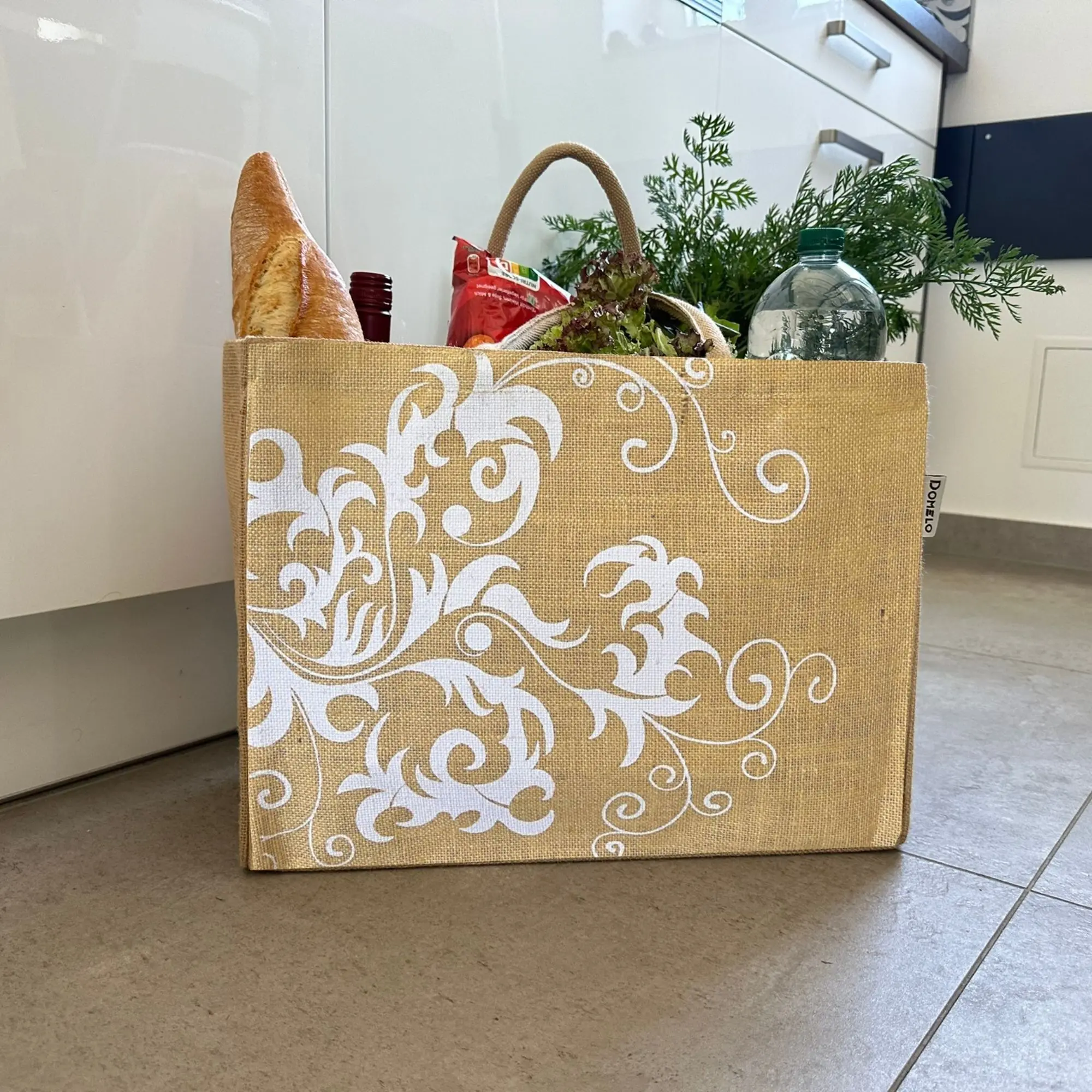 Domelo Jutetasche Einkaufstasche. Jute Shopper Tasche. Große wasserabweisenden Einkaufskorb/ Strandtasche . Badetasche XXL/ Shopping bag Geschenke für Frauen.