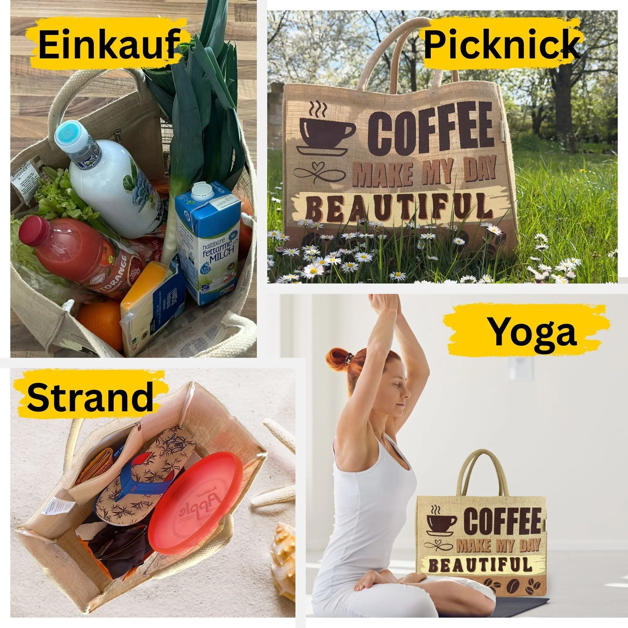 Domelo Jutetasche Einkaufstasche. Jute Shopper Tasche. Große wasserabweisenden Einkaufskorb/ Strandtasche . Badetasche XXL/ Shopping bag Geschenke für Frauen.