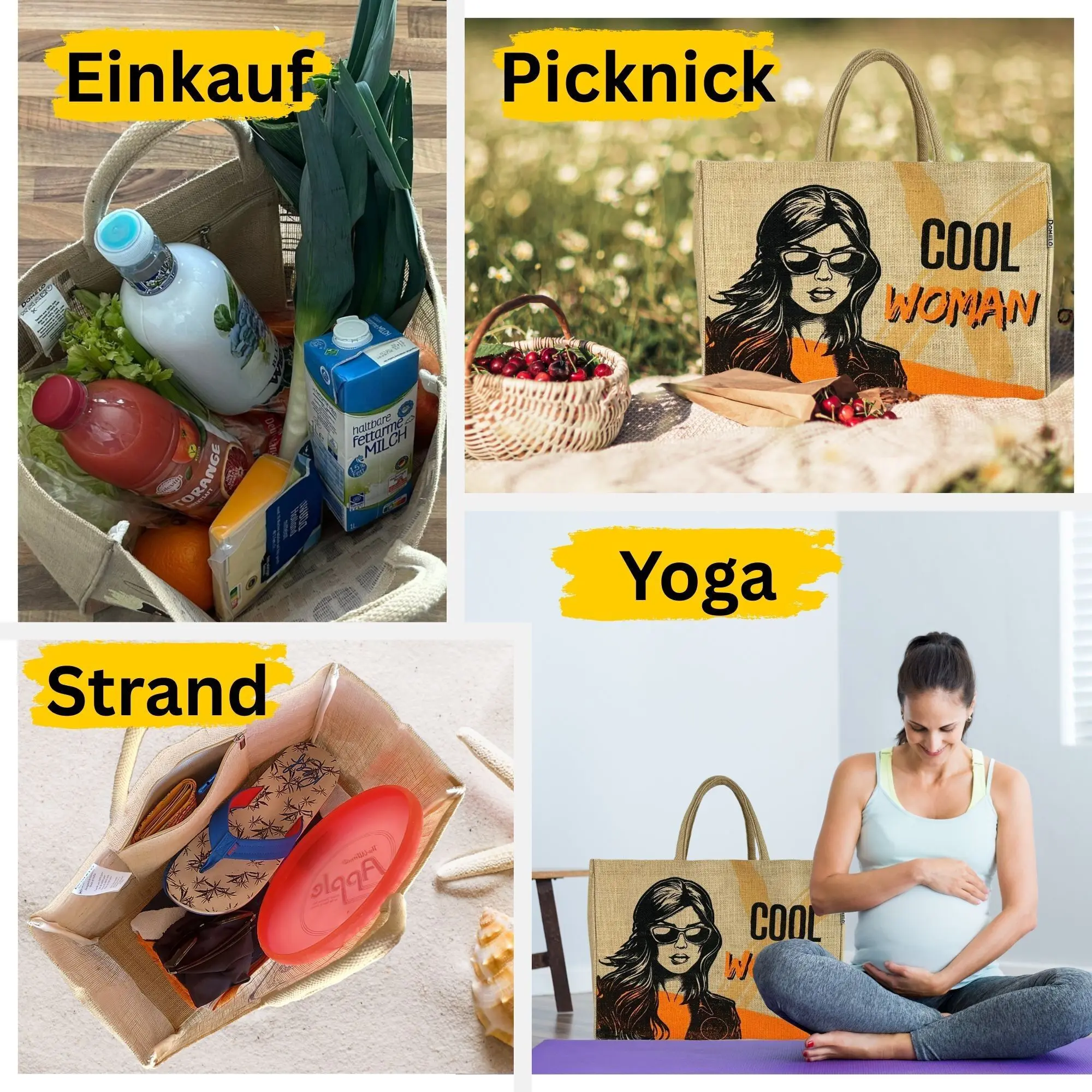Domelo Jutetasche Einkaufstasche. Jute Shopper Tasche. Große wasserabweisenden Einkaufskorb/ Strandtasche . Badetasche XXL/ Shopping bag Geschenke für Frauen.