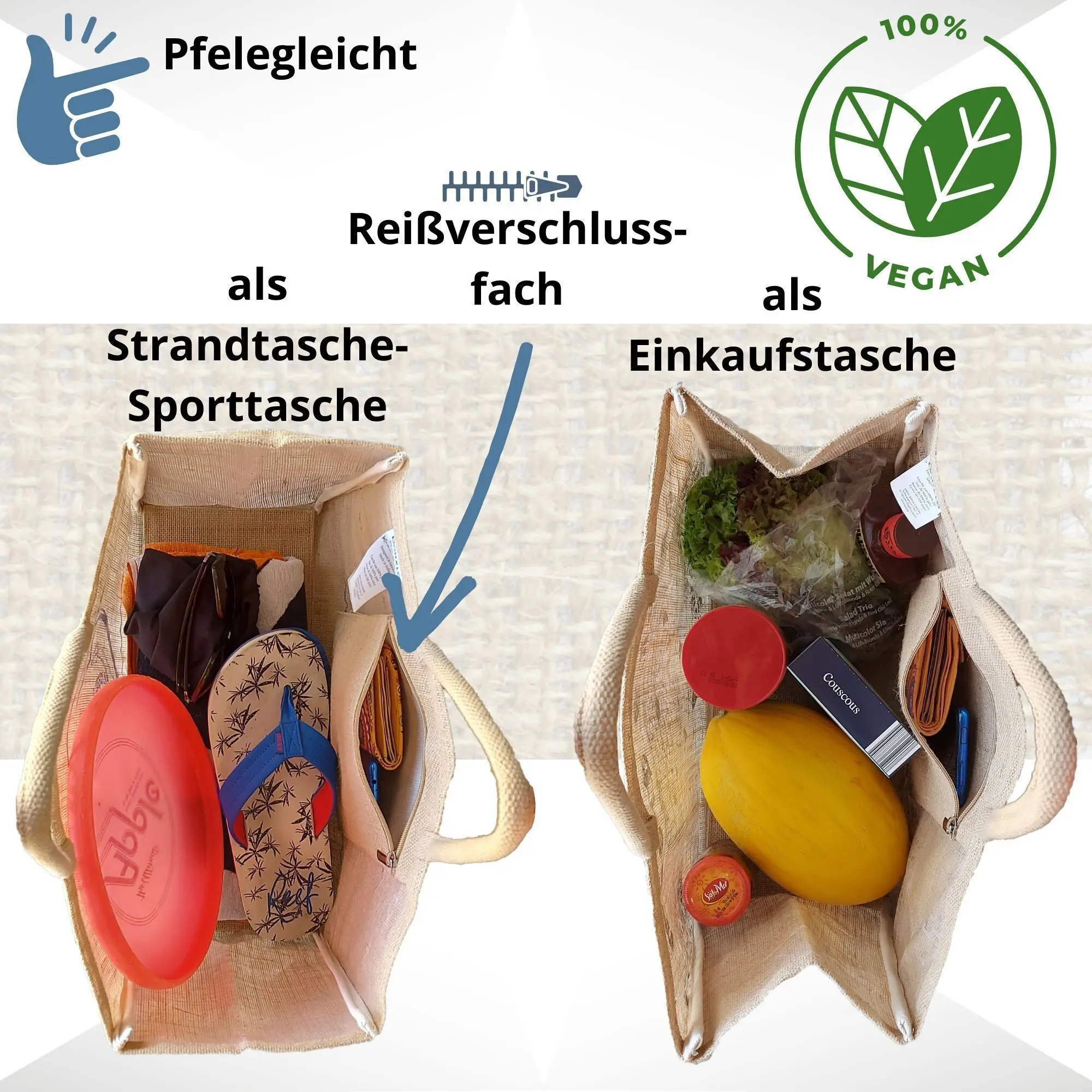 Domelo Jutetasche Einkaufstasche. Jute Shopper Tasche. Große wasserabweisenden Einkaufskorb/ Strandtasche . Badetasche XXL/ Shopping bag Geschenke für Frauen.