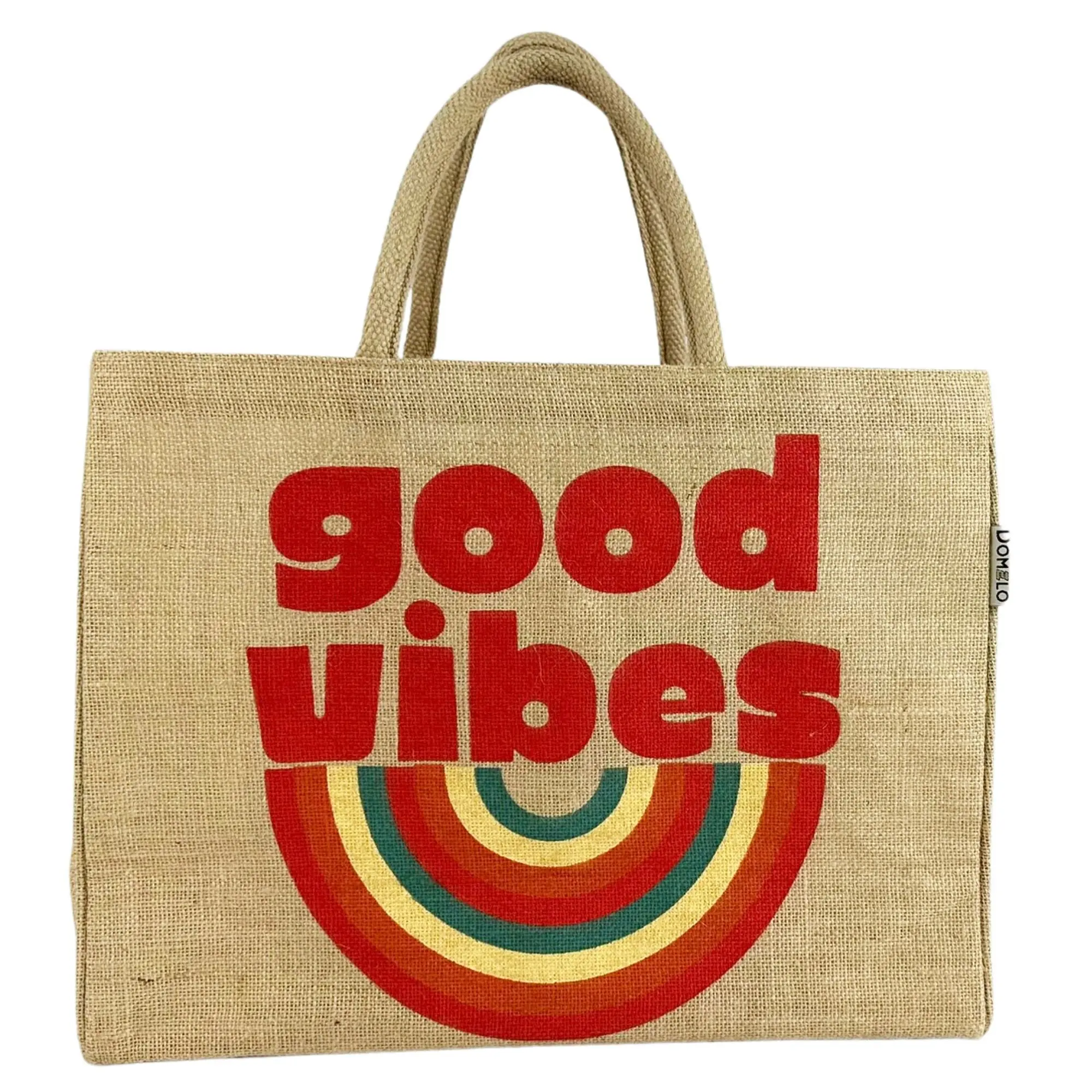 Domelo große Jute Einkaufskorb, 100% Vegane Einkaufstasche/ Handtasche Strandtasche Badetasche Jutetasche Tragetasche Good Vibes