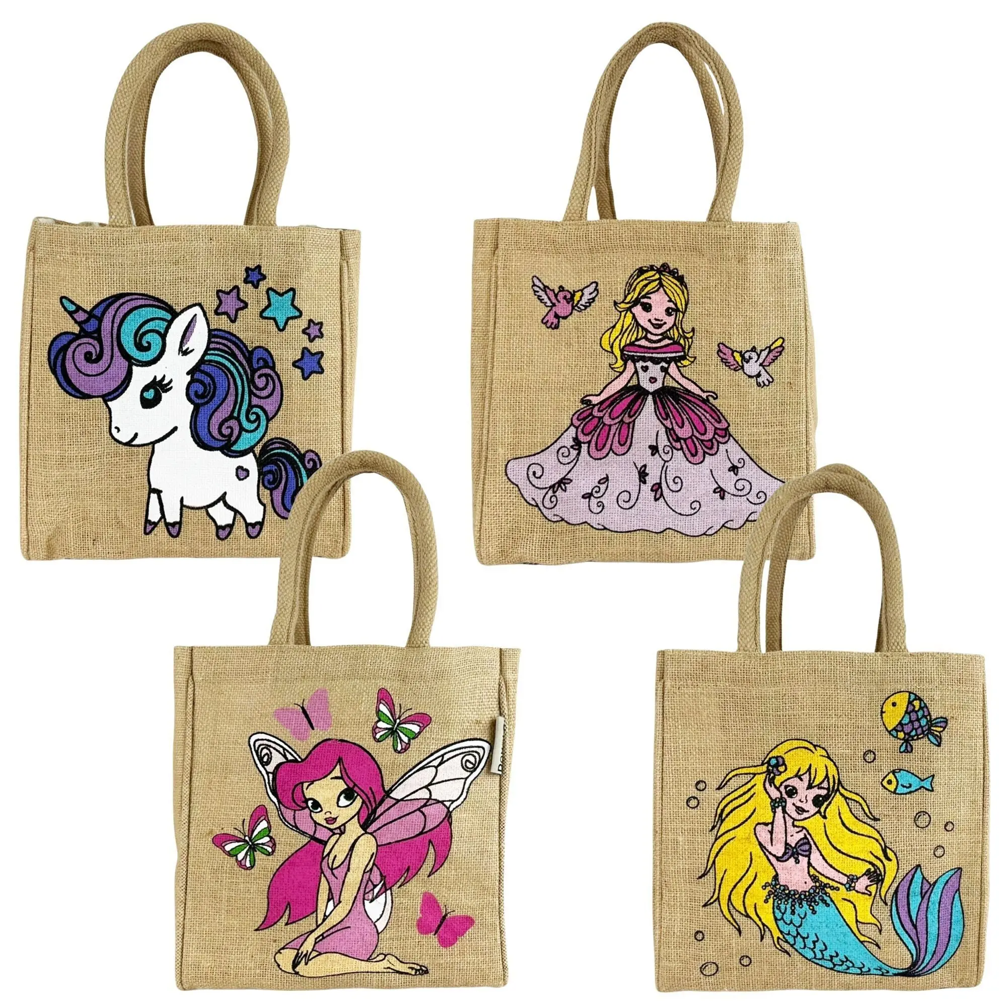 Domelo Kinder Handtasche vegane Jute Schultertasche kleine Mädchenhandtasche Jutetasche bedruckter Korb mit pink Fee Mädchen Tragetasche Süße Kleinkinder Kindertasche Jutebeutel als Coole Geschenk