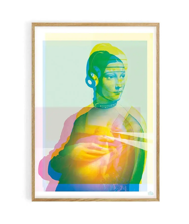 Pop art portrait poster. Hermine 2.0 - 100% made in France locally. Reinterpretation of The Lady with an Ermine by Leonardo da Vinci.Matte velvety print