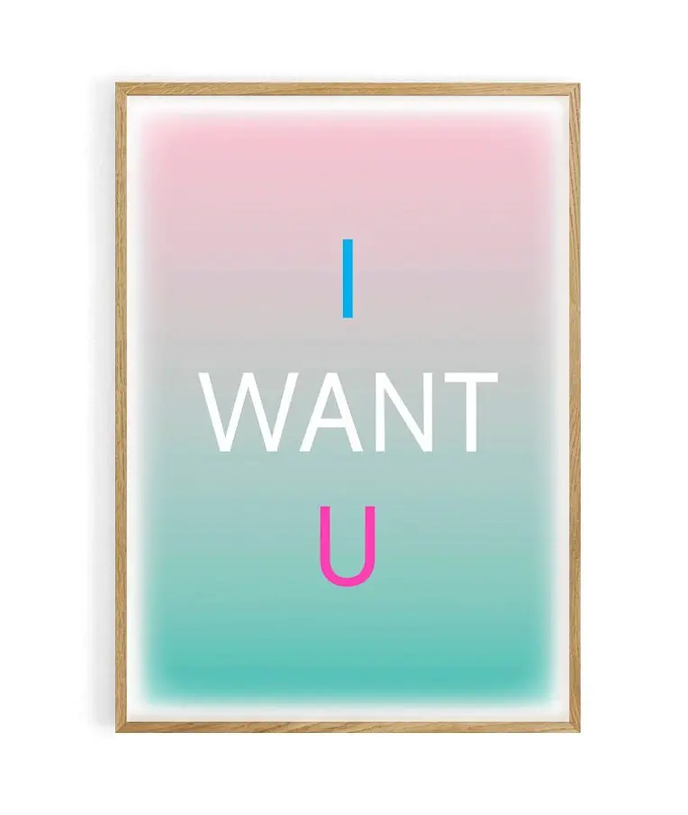 Fluorescent typo poster.  I Want U. 50X70 cm. 100% made in France locally. Tribute to Bob Dylan.