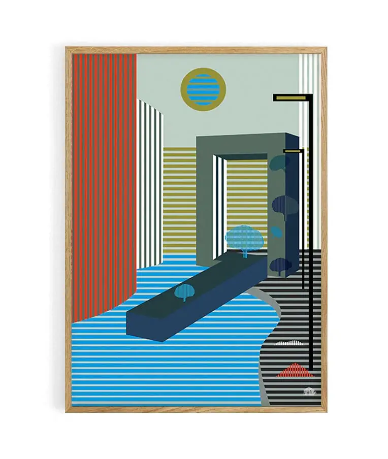 Surreal urban-city striped landscape poster. 50X70 cm. 100% made in France locally.Matte velvety print