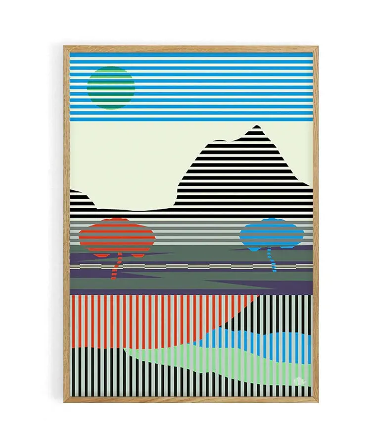 Surreal striped mountain landscape poster. 50X70 cm. 100% made in France locally.Matte velvety print