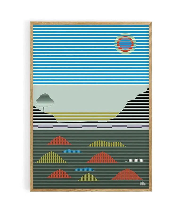 Surreal striped seaside landscape poster. 50X70 cm. 100% made in France locally.Matte velvety print