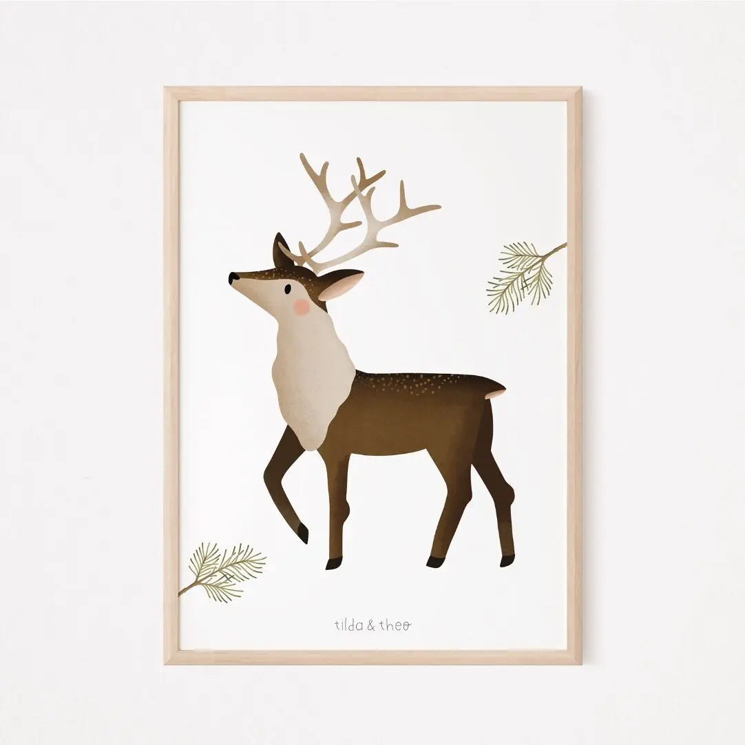 Affiche Renne Norvège Hiver - Impression Chambre Enfant Scandinavie Cerf
