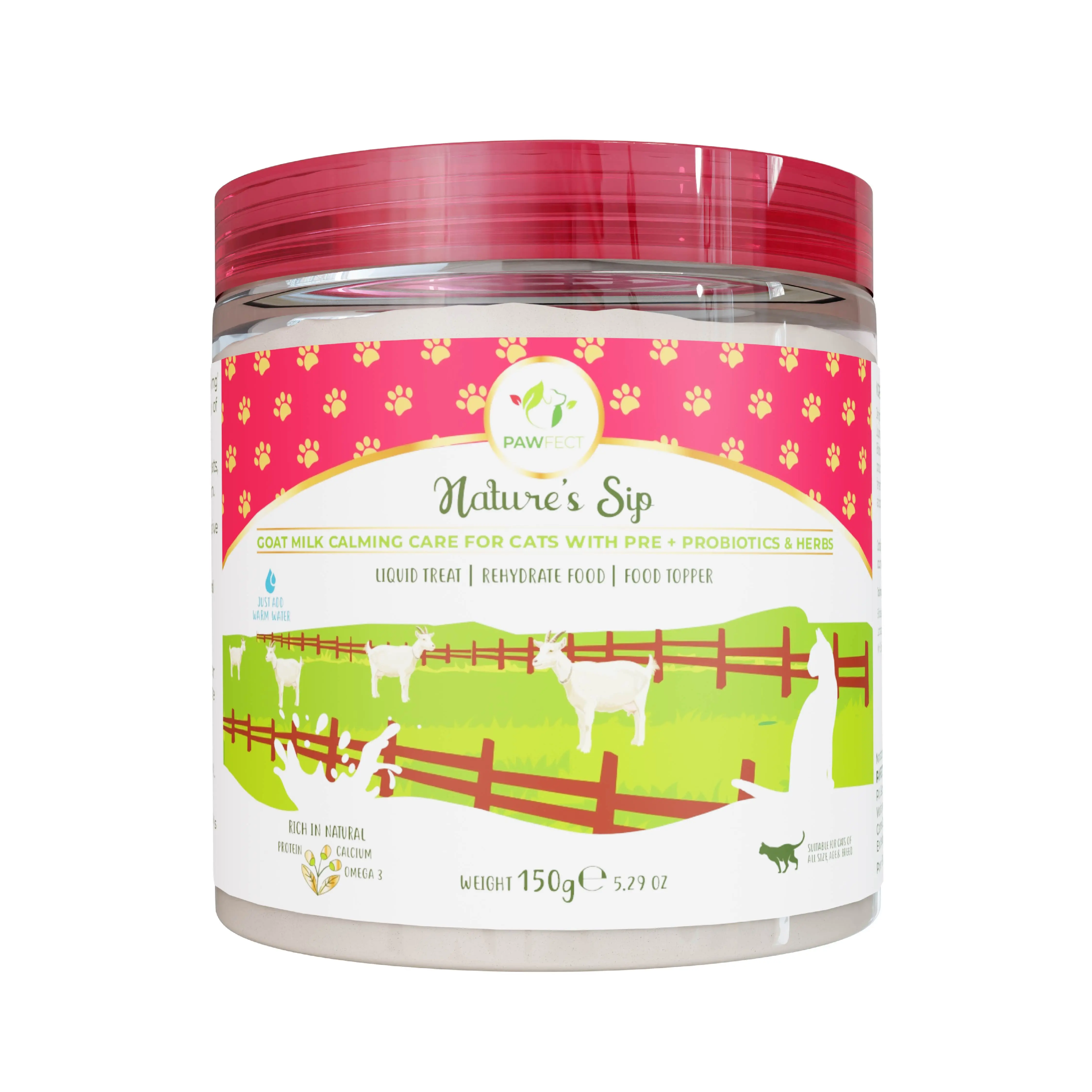 Pawfect Nature's Sip Ziegenmilch-Beruhigungspulver für Katzen | 100 % natürlich | Rehydrierendes Futter | Präbiotisches, probiotisches und Kräuter-Milchergänzungsmittel | Bessere Verdauung | Futter-Topper | Flüssiger Leckerbissen (150 g/5.29 Unzen)