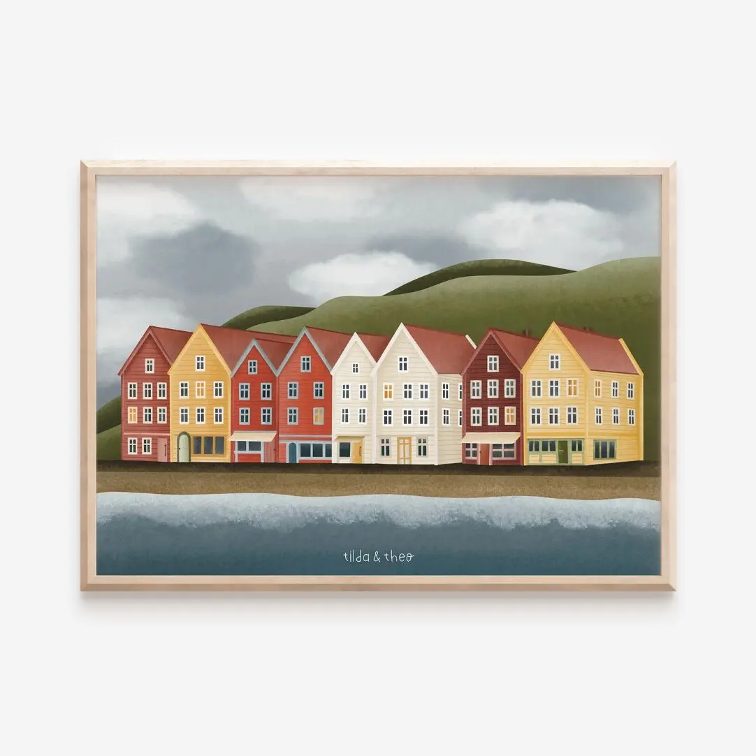 Affiche Norvège maisons à Bergen - Impression d'art voyage hygge façade de maison en automne