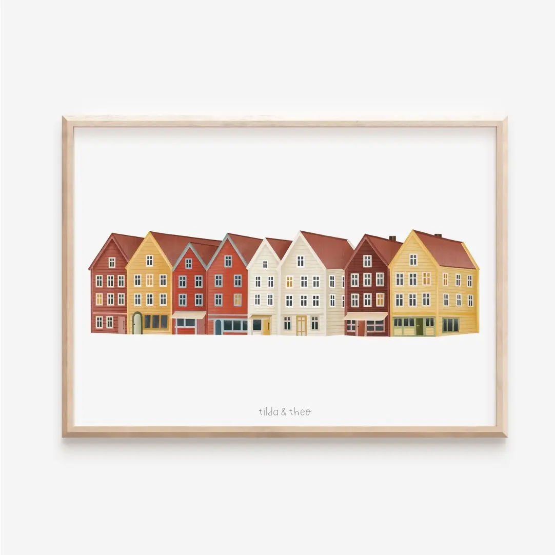 Affiche de maisons norvégiennes à Bergen - façade de maison colorée voyage maison hygge