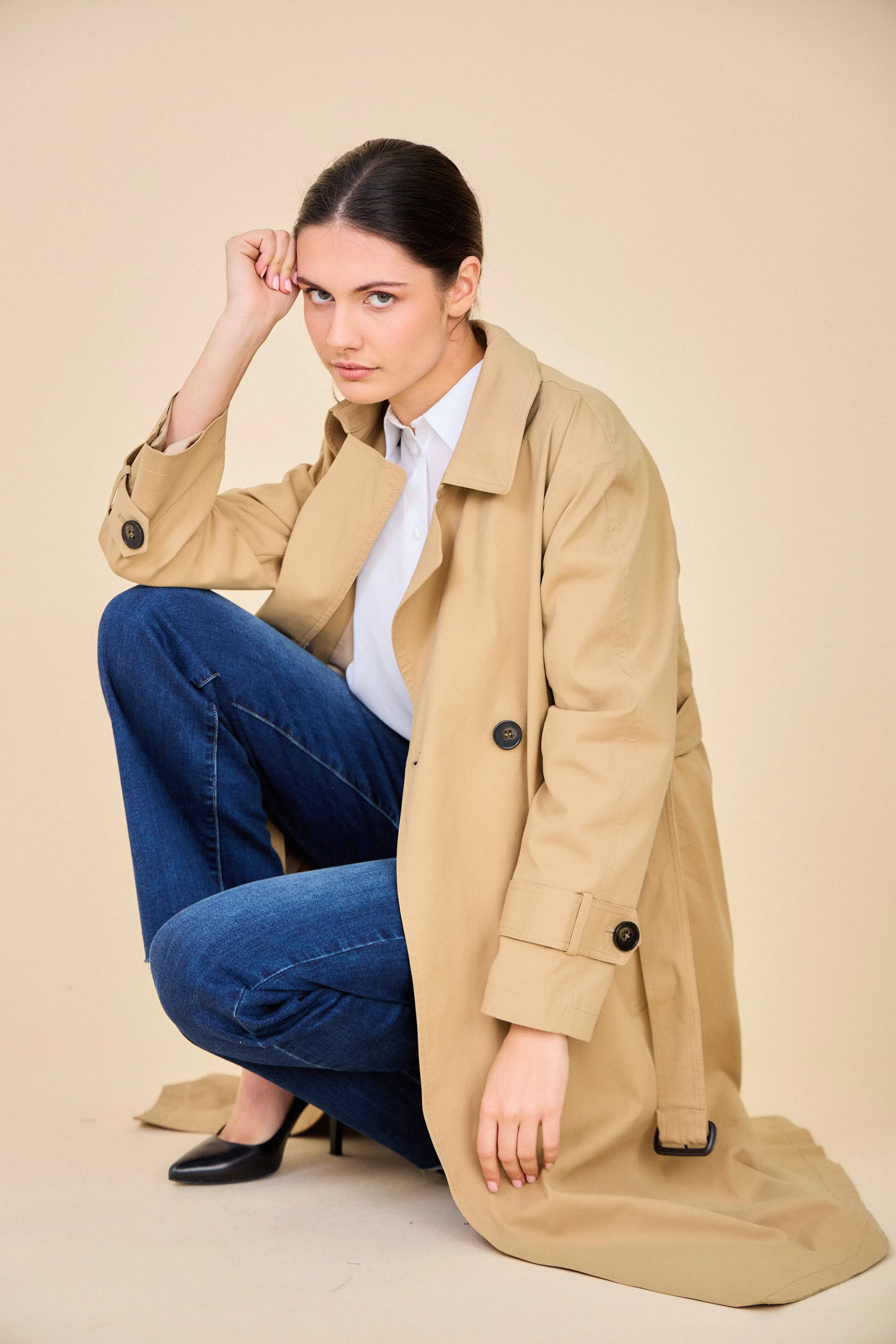 5037- Long Trench Coat with Belt, Cotton