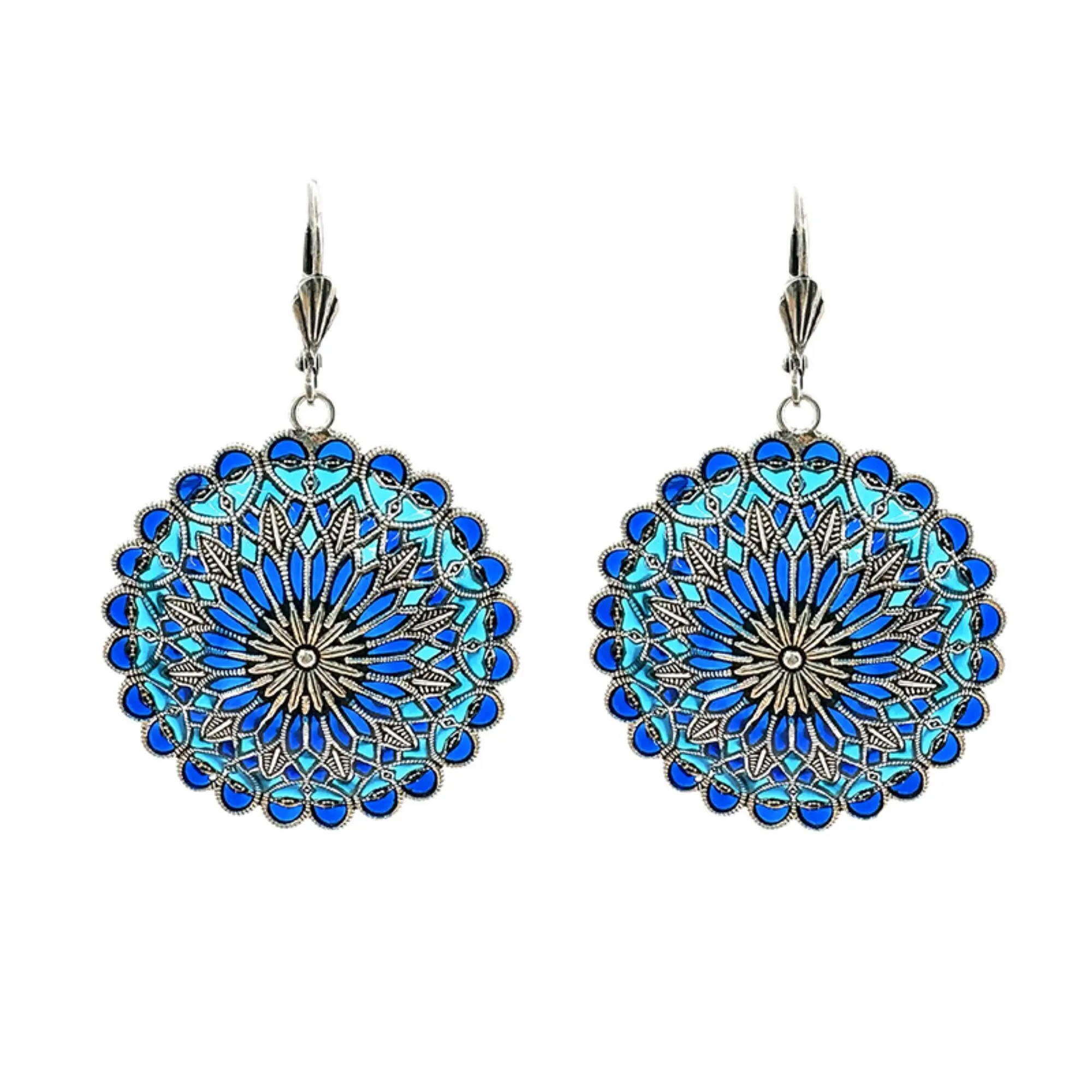 Notre Dame earrings - Midnight blue/Turquoise, silver metal (stained glass effect)