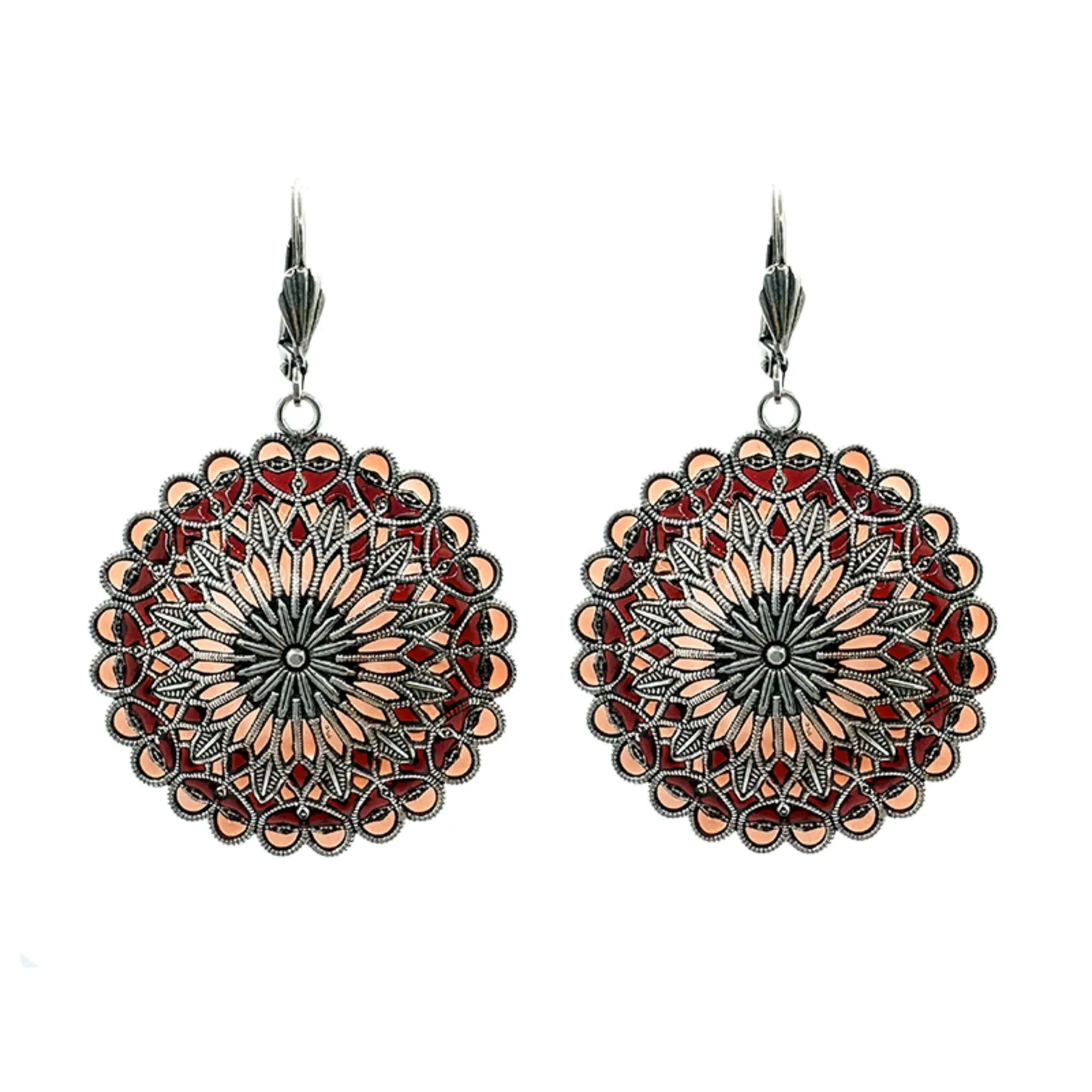 Notre Dame Earrings - Red/Coral, silver-plated metal (stained glass effect)