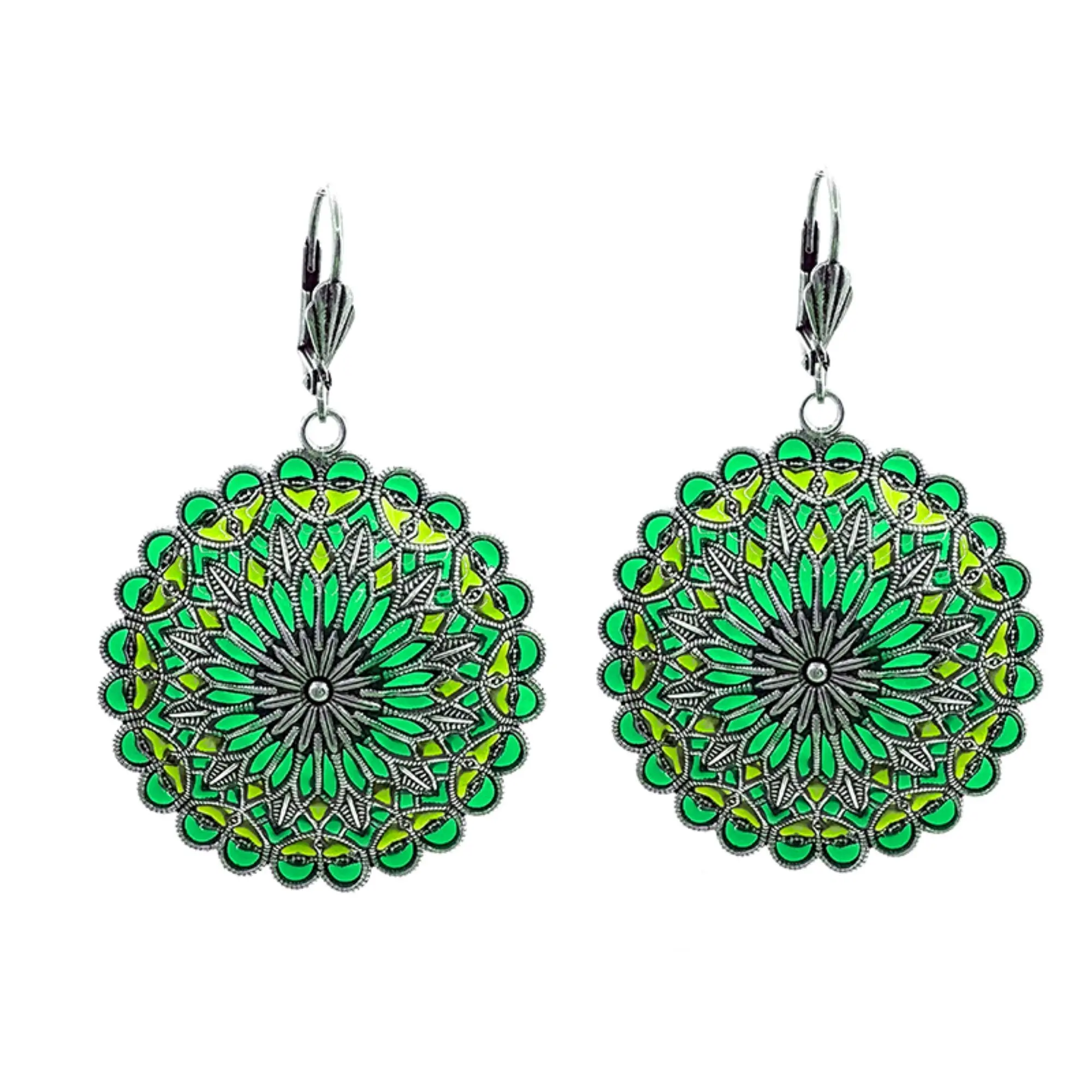 Notre Dame earrings - Lime green/Dark green, silver-plated metal (stained glass effect)