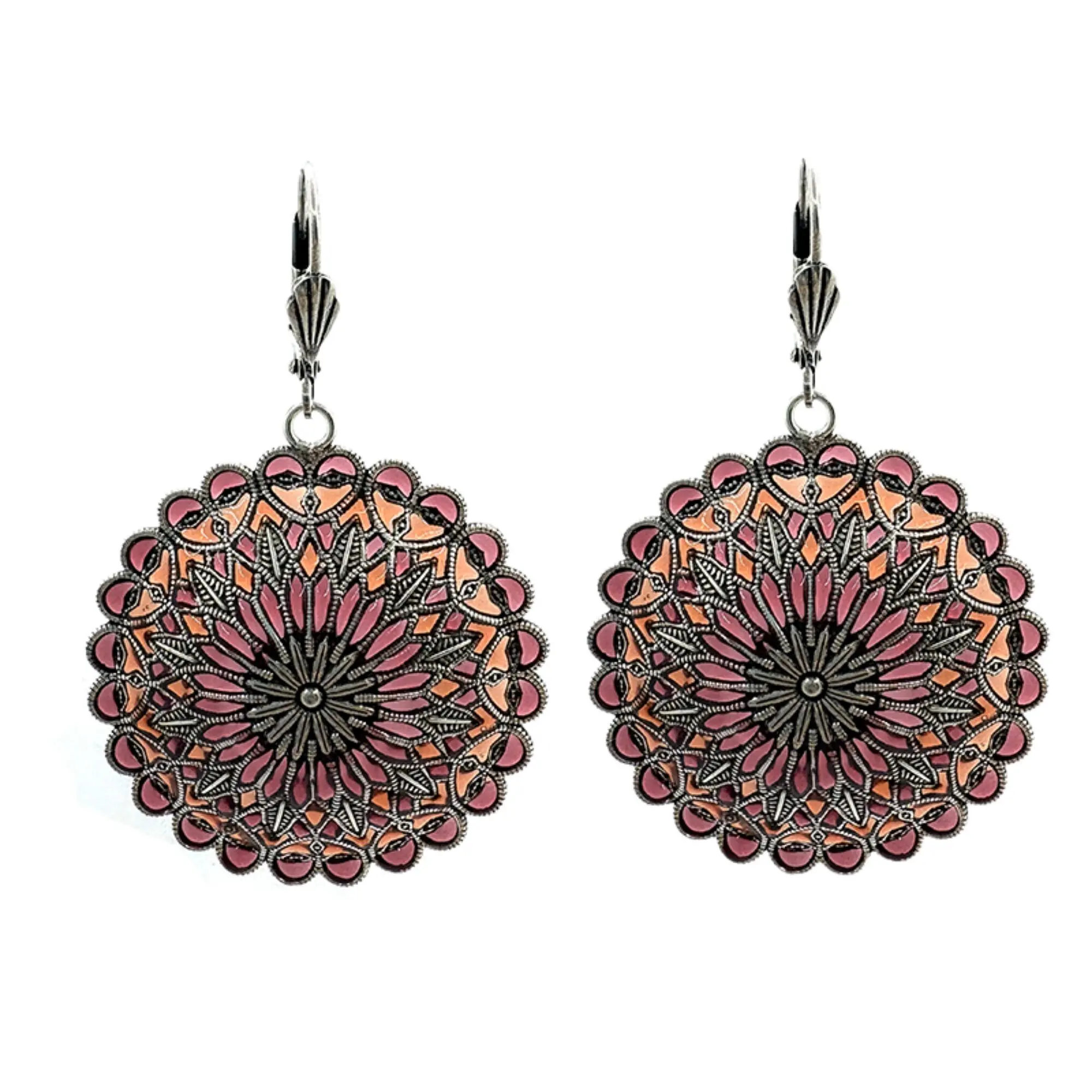Notre Dame Earrings - Plum/Coral, silver-plated metal (stained glass effect)