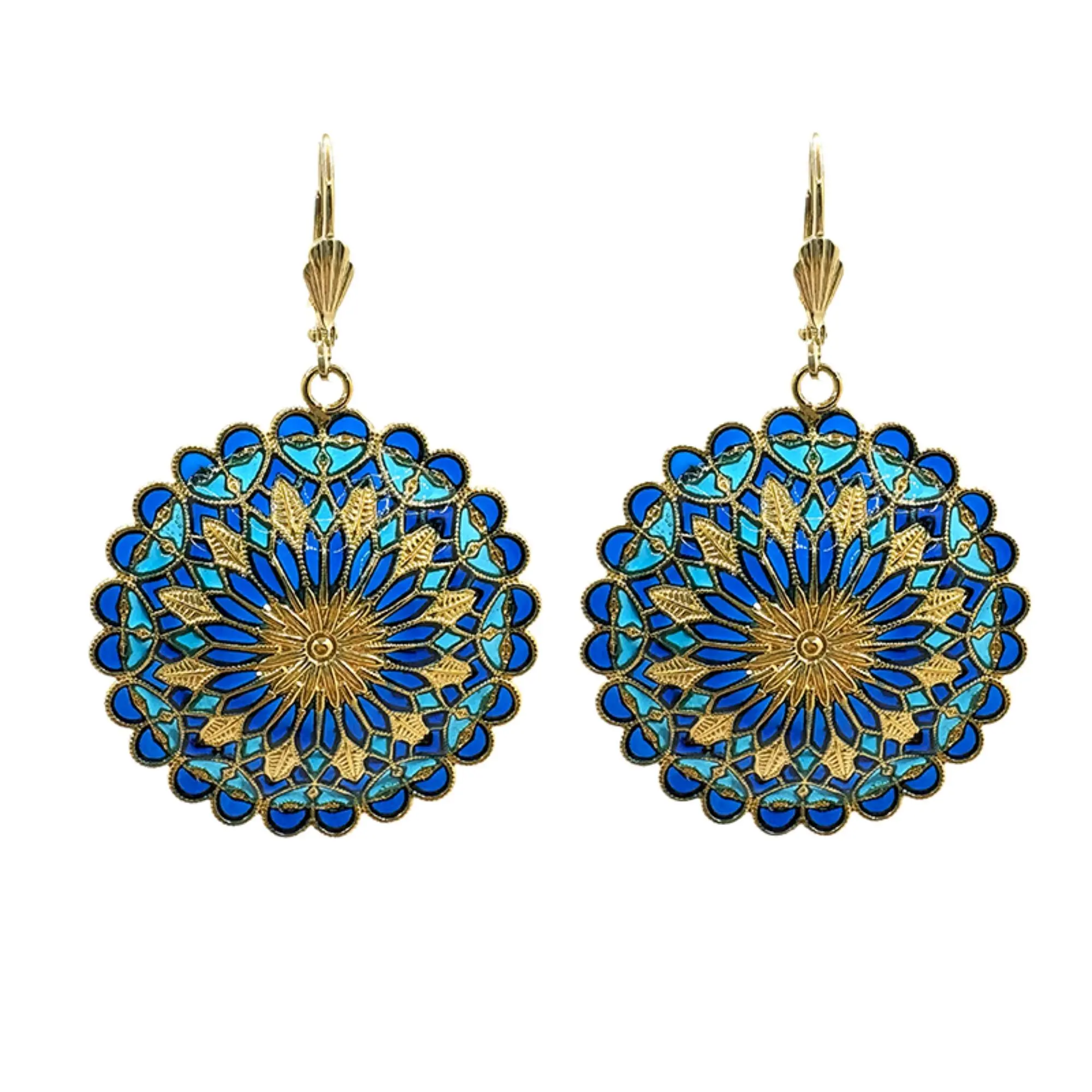 Notre Dame earrings - Midnight blue/Turquoise, gold-plated metal (stained glass effect)