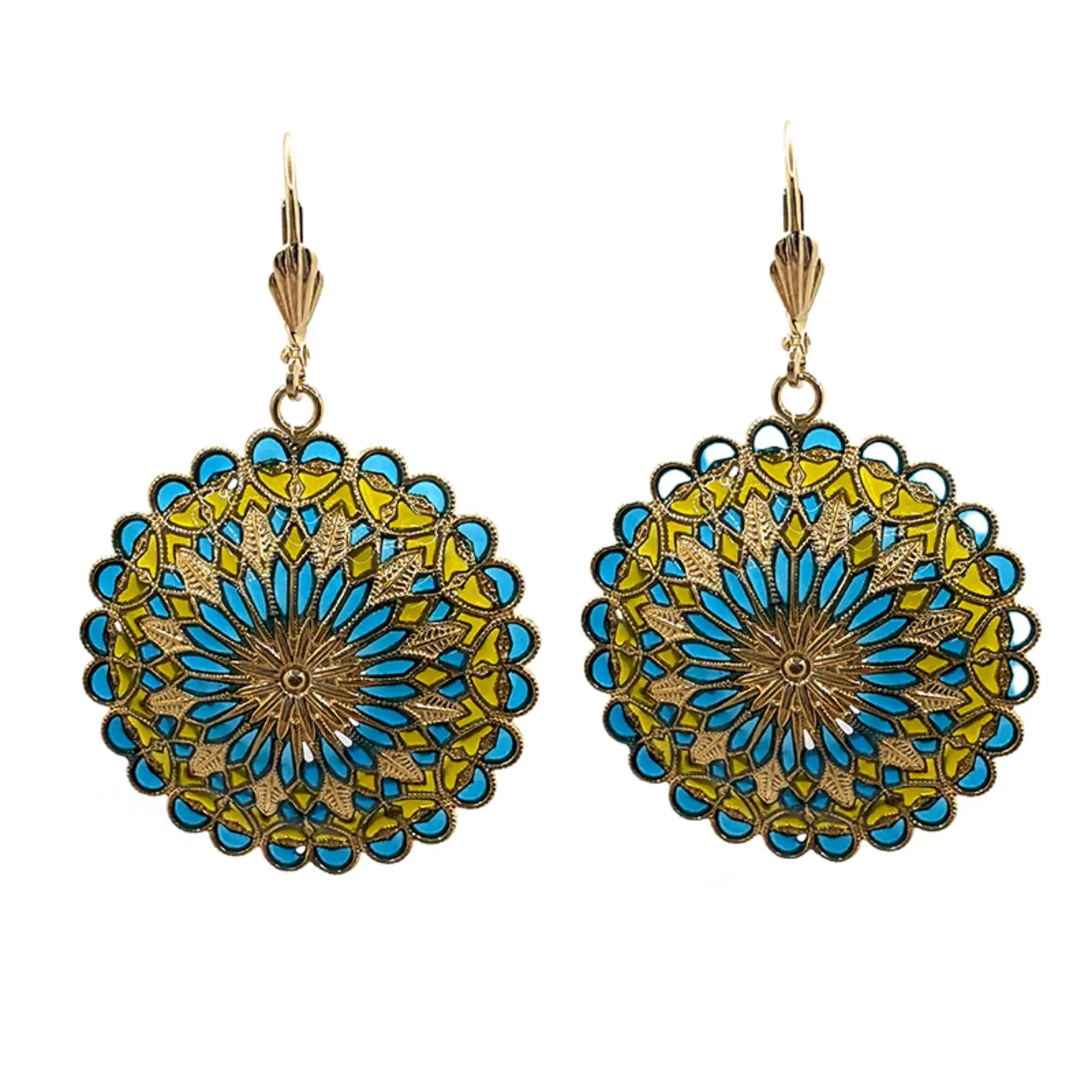 Notre Dame earrings - Turquoise/Anise green, gold-plated metal (stained glass effect)