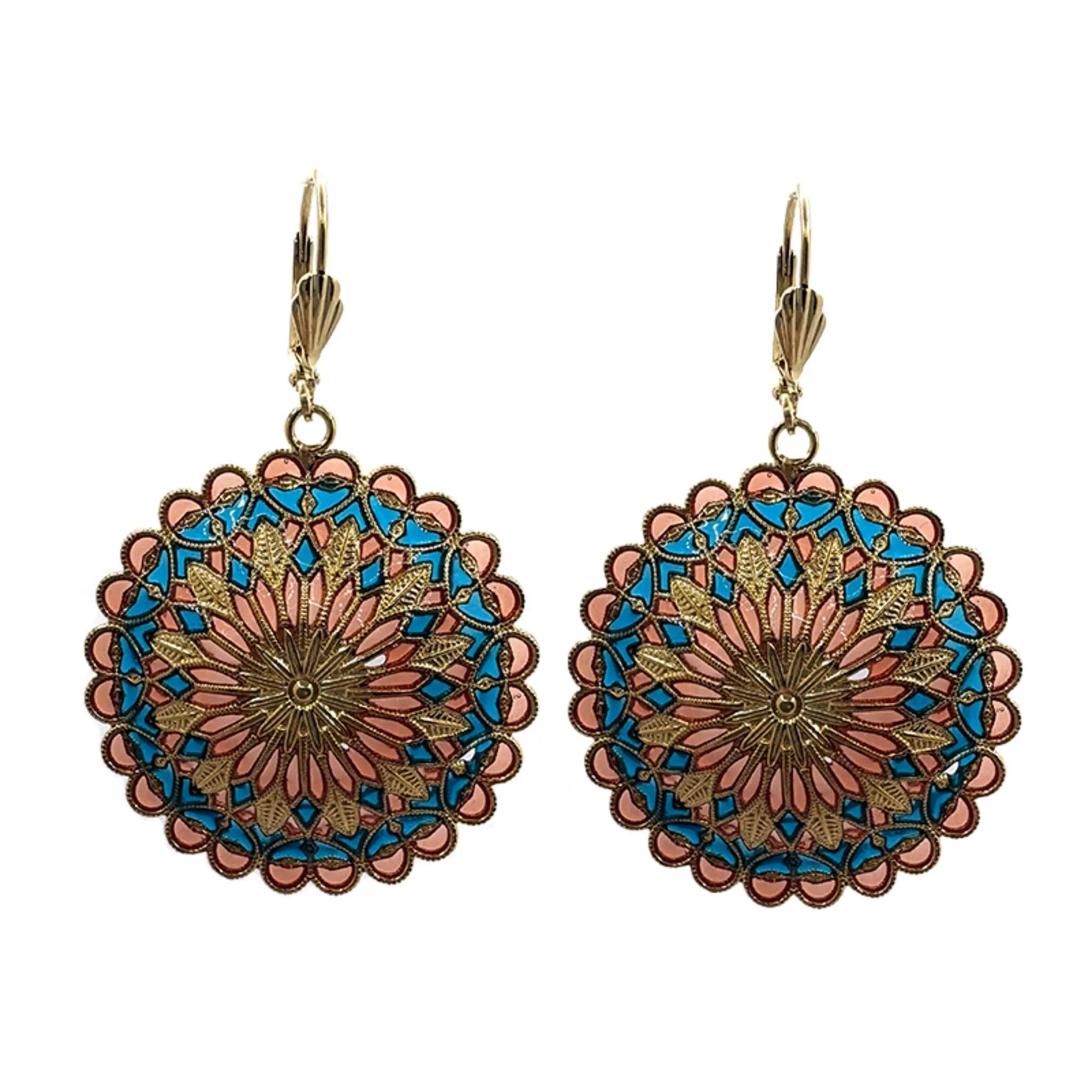 Notre Dame Earrings - Turquoise/Coral, gold-plated metal (stained glass effect)