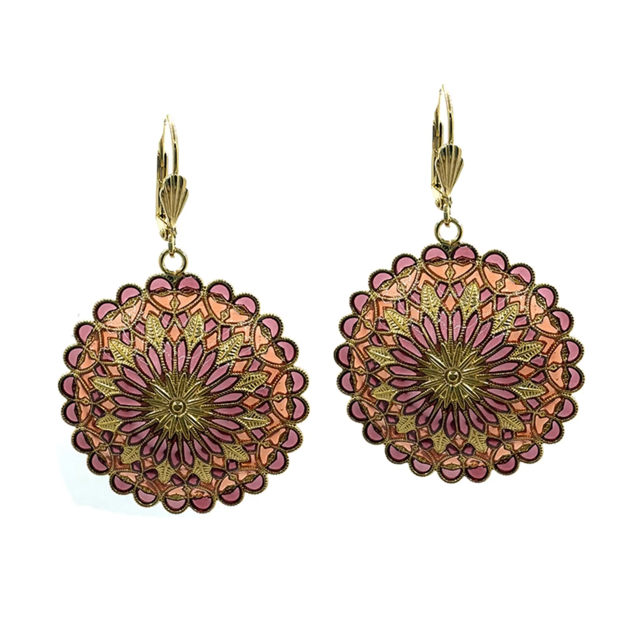 Notre Dame earrings - Plum/Coral, gold-plated metal (stained glass effect)