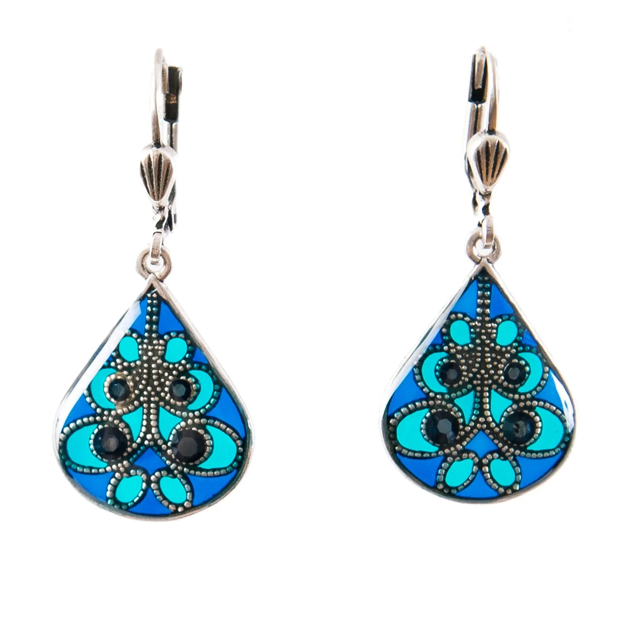 Entrelacs earrings - Midnight blue/Turquoise, silver metal (stained glass effect)