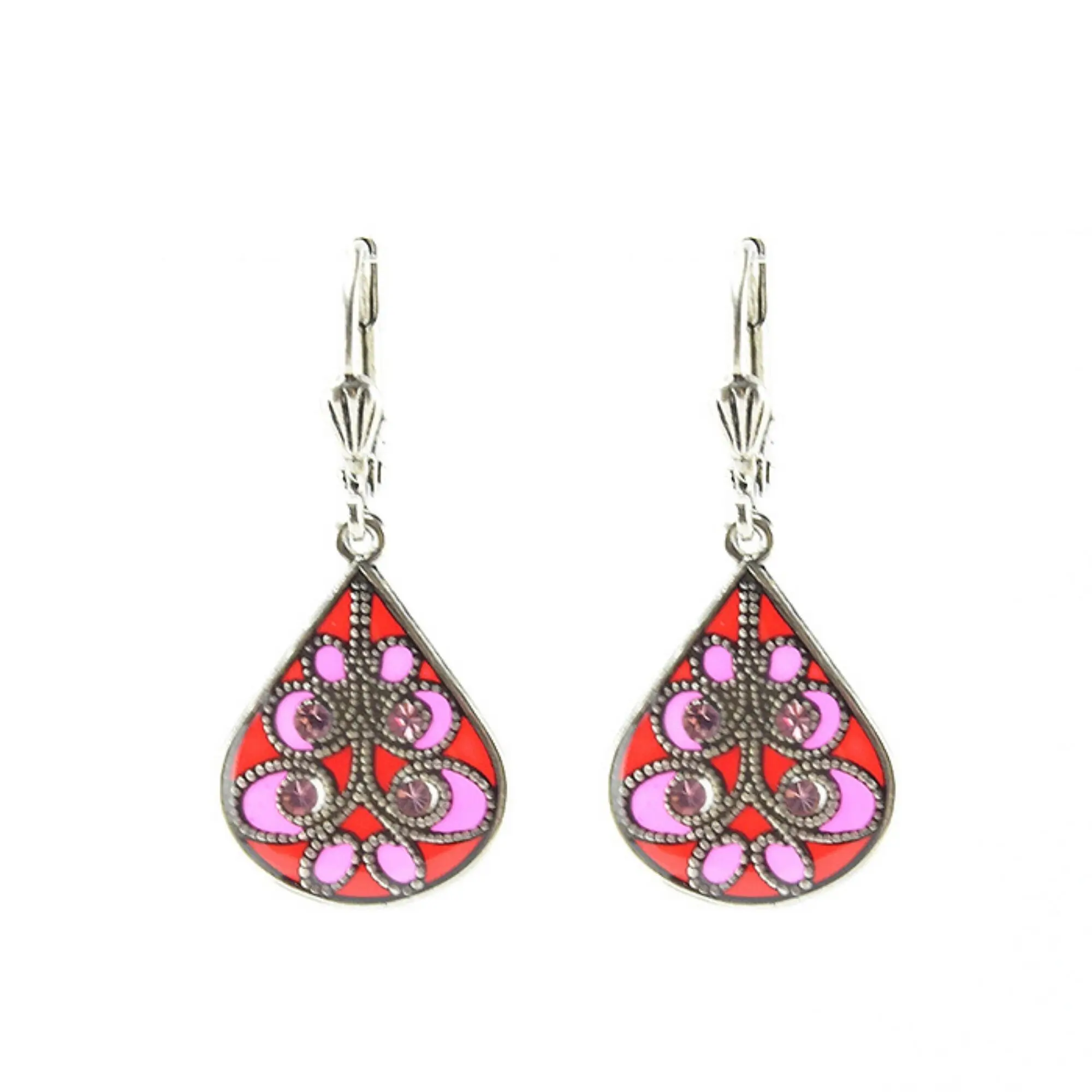 Entrelacs earrings - Red/Pink, silver metal (stained glass effect)