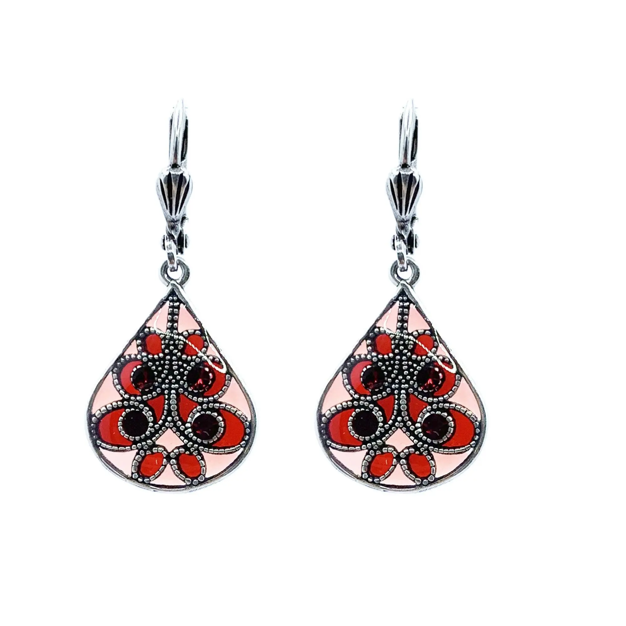 Entrelacs earrings - Red/Coral, silver metal (stained glass effect)