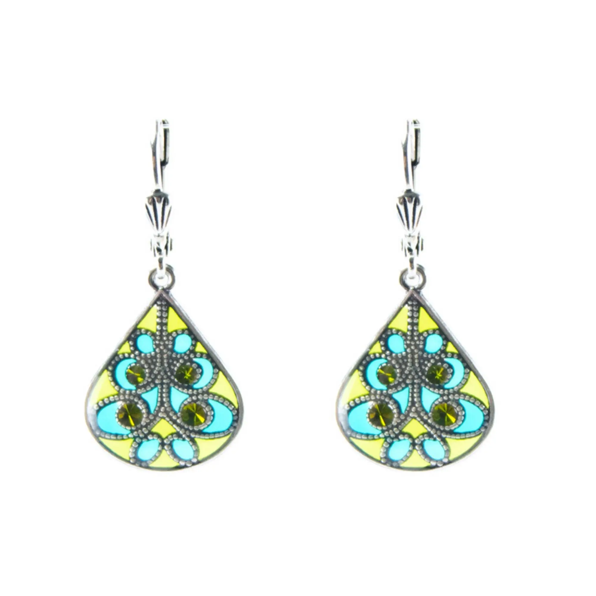 Entrelacs earrings - Turquoise/Anise green, silver metal (stained glass effect)
