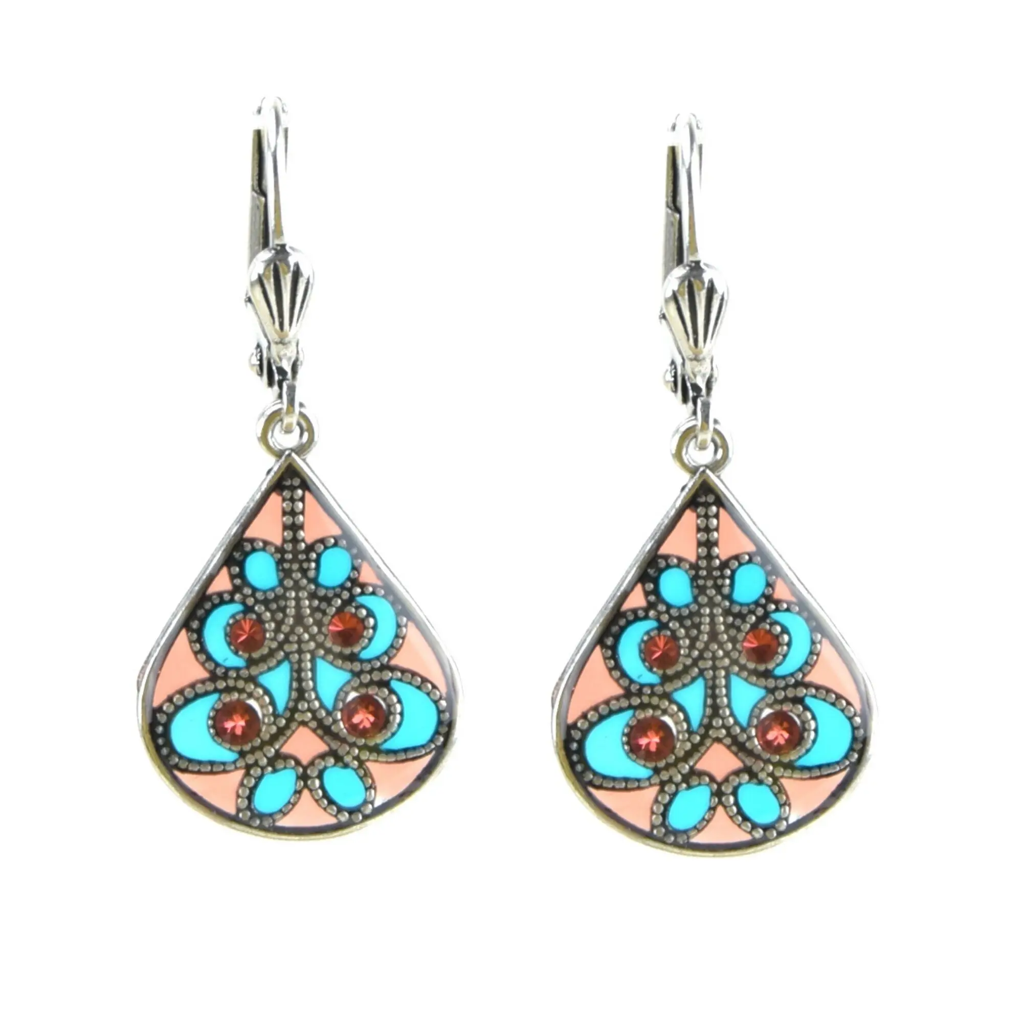 Entrelacs Earrings - Turquoise/Coral, silver metal (stained glass effect)