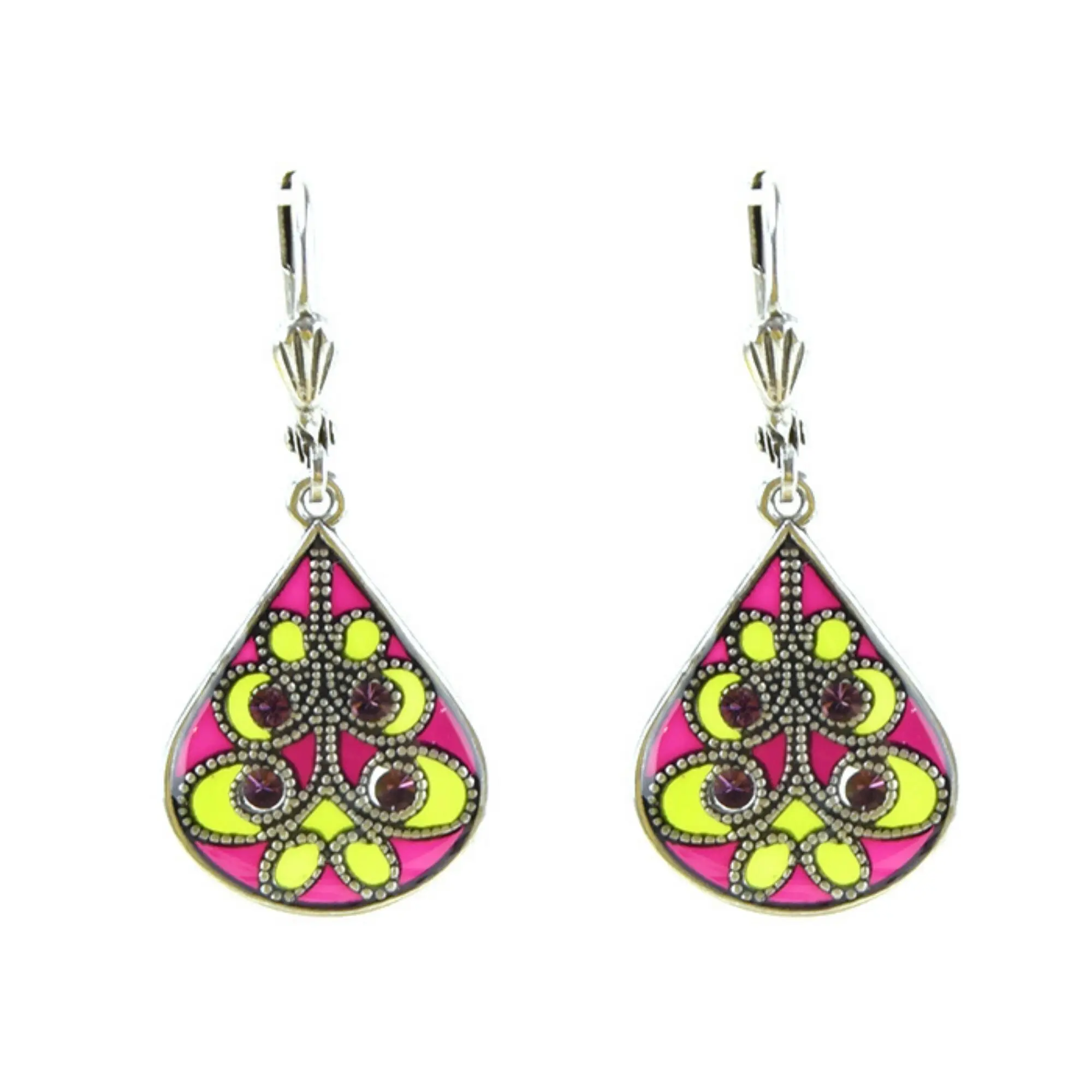 Entrelacs earrings - Plum/Anise green, silver metal (stained glass effect)