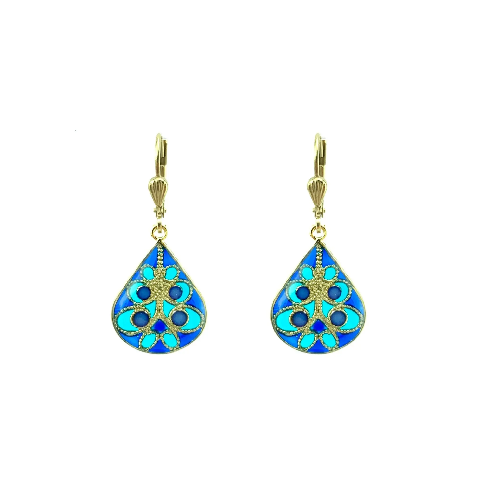 Entrelacs earrings - Midnight blue/Turquoise, gold-plated metal (stained glass effect)