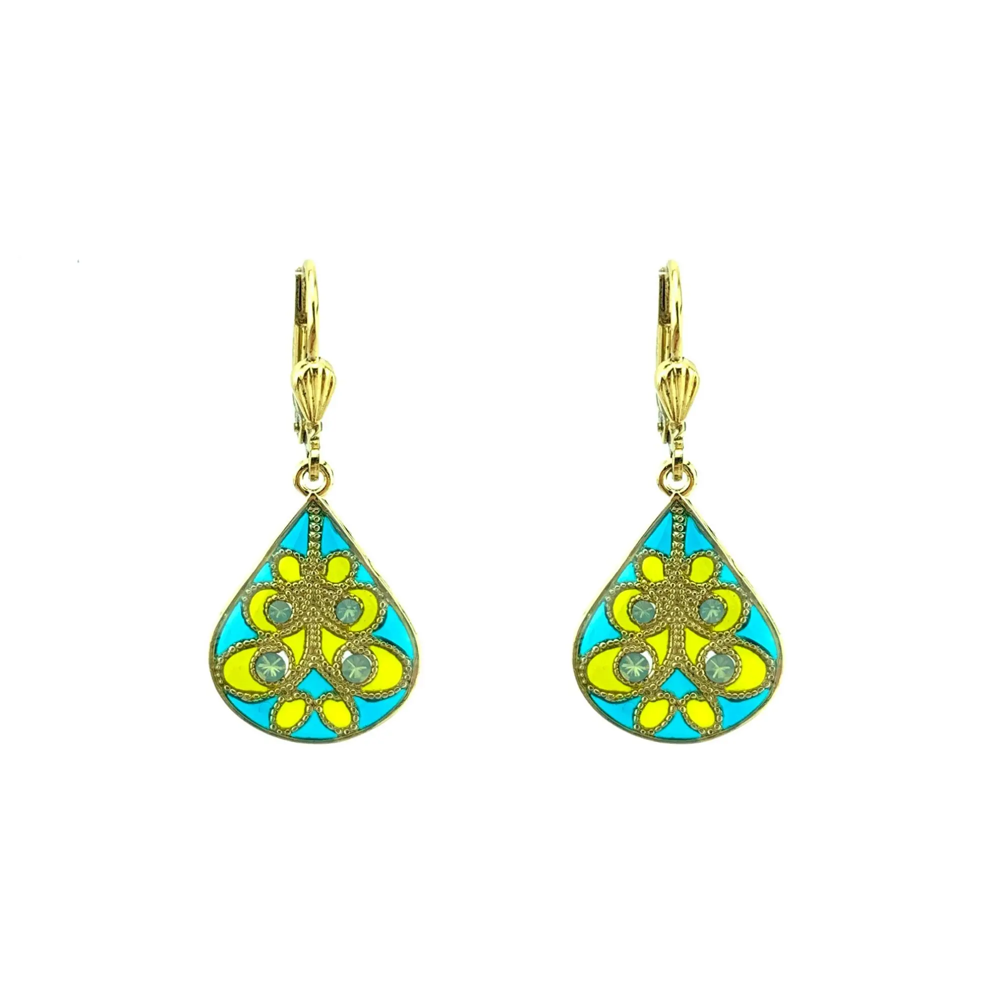 Entrelacs earrings - Turquoise/Anise green, gold-plated metal (stained glass effect)