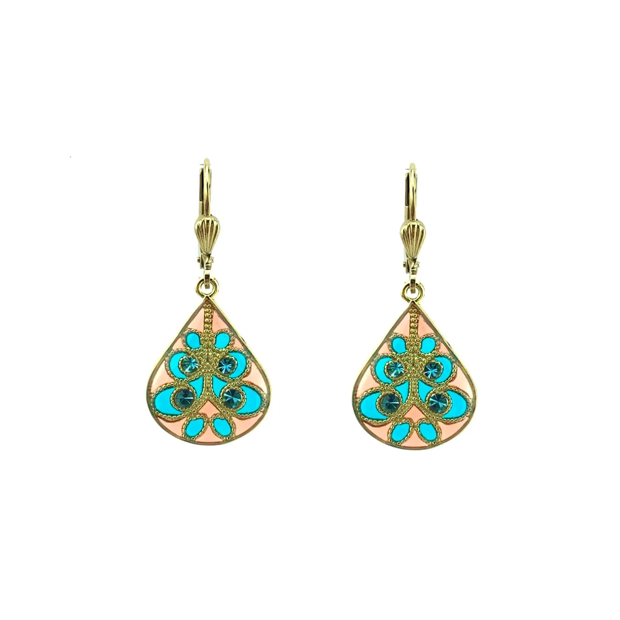 Entrelacs earrings - Turquoise/Coral, gold-plated metal (stained glass effect)