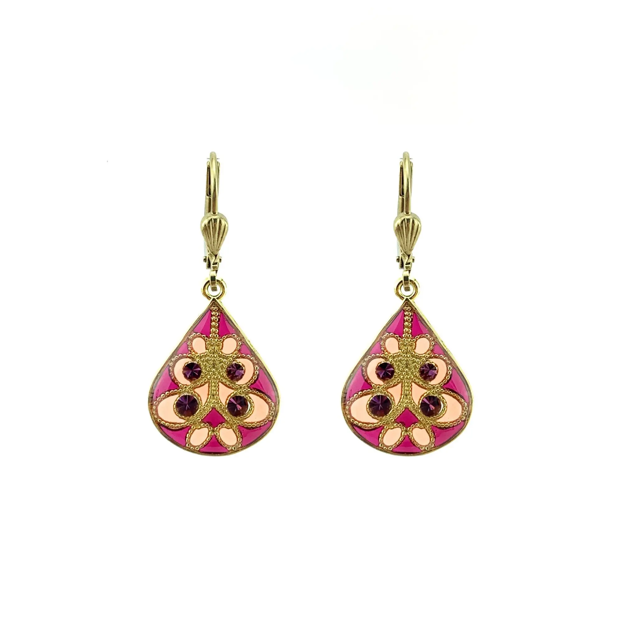 Entrelacs earrings - Plum/Coral, gold-plated metal (stained glass effect)