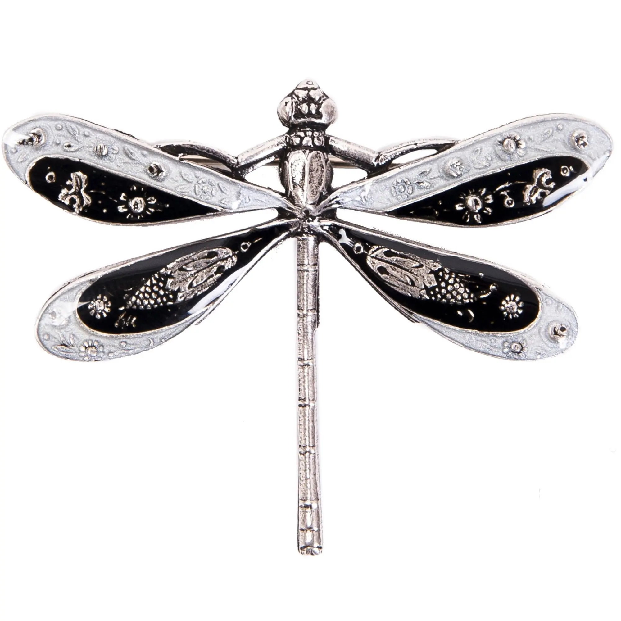 Engraved Dragonfly Brooch - Black/White (enamel effect)